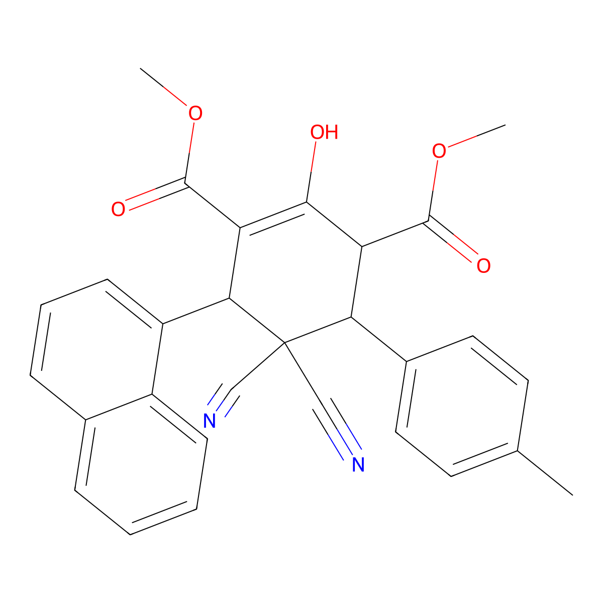 Dimethyl 5,5-dicyano-2-hydroxy-4-(4-methylphenyl)-6-(1-naphthyl)-1-cyclohexene-1,3-dicarboxylate molecular structure, CAS 1212191-60-0
