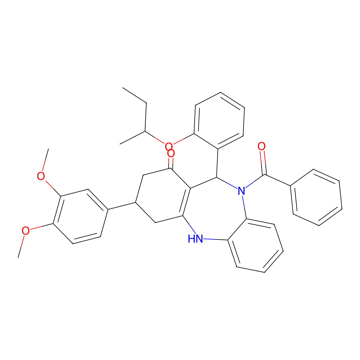 5-benzoyl-9-(3,4-dimethoxyphenyl)-6-(2-sec-butoxyphenyl)-8,9,10,11-tetrahydro-6H-benzo[b][1,4]benzodiazepin-7-one molecular structure, CAS 1212195-90-8
