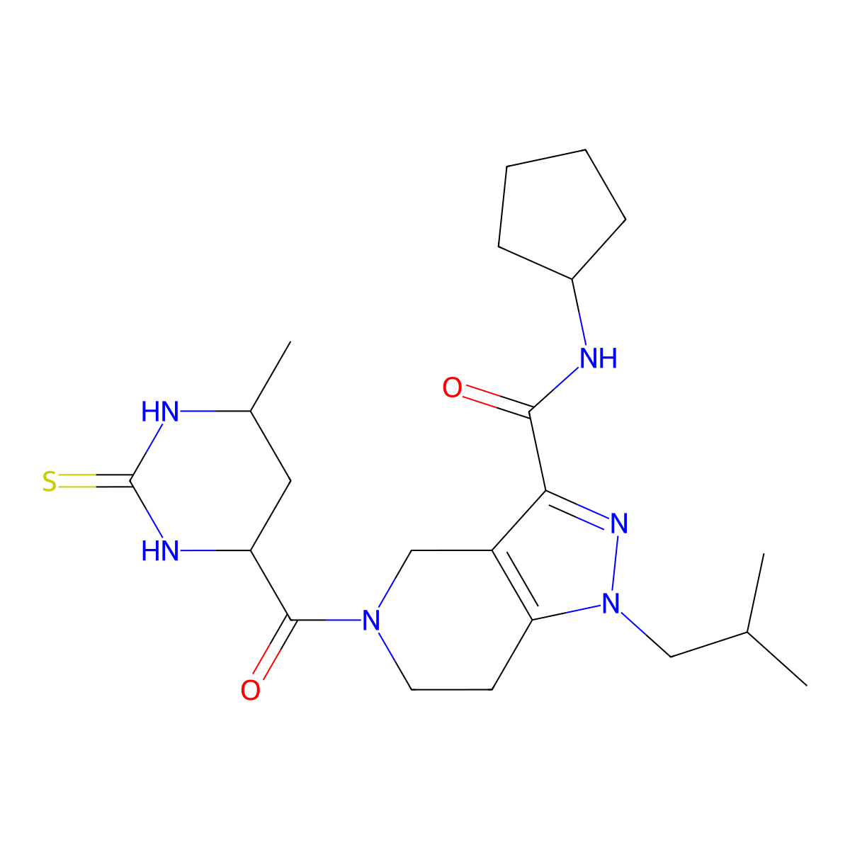 rel-N-Cyclopentyl-5-[[(4R,6S)-hexahydro-6-methyl-2-thioxo-4-pyrimidinyl]carbonyl]-4,5,6,7-tetrahydro-1-(2-methylpropyl)-1H-pyrazolo[4,3-c]pyridine-3-carboxamide molecular structure, CAS 1212196-00-3