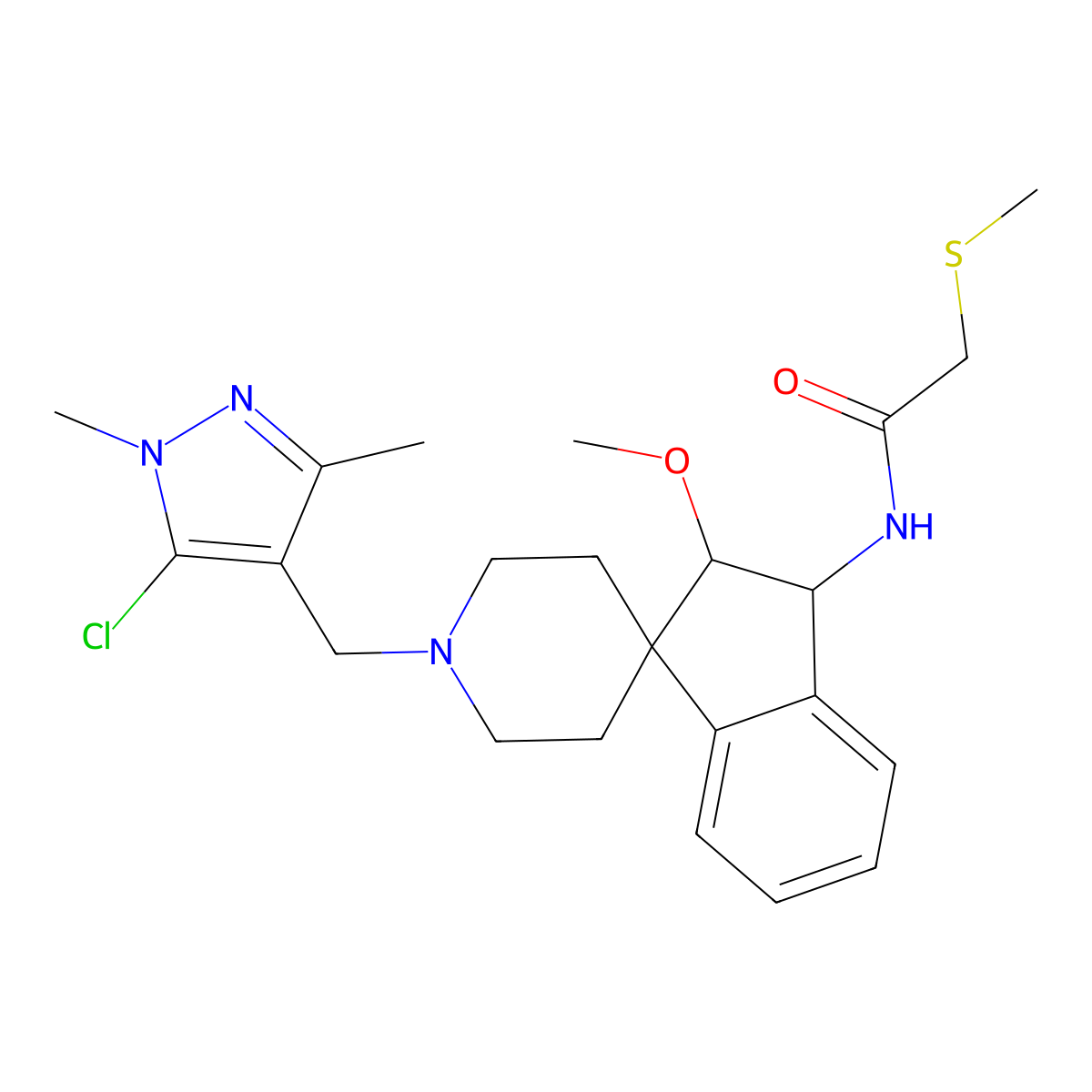 rel-N-[(2R,3R)-1'-[(5-Chloro-1,3-dimethyl-1H-pyrazol-4-yl)methyl]-2,3-dihydro-2-methoxyspiro[1H-indene-1,4'-piperidin]-3-yl]-2-(methylthio)acetamide molecular structure, CAS 1212202-33-9