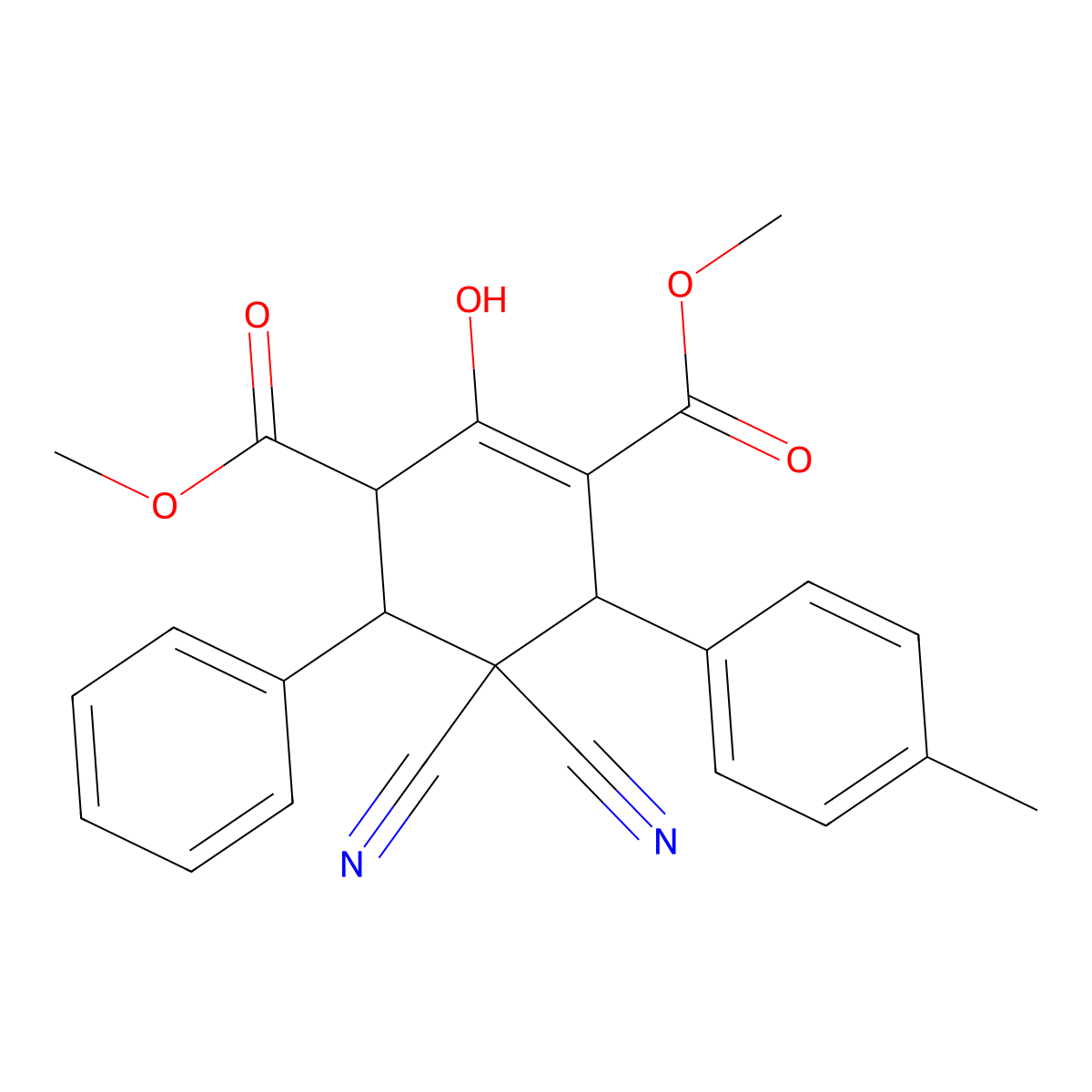 Dimethyl 5,5-dicyano-2-hydroxy-6-(4-methylphenyl)-4-phenyl-1-cyclohexene-1,3-dicarboxylate molecular structure, CAS 1212208-56-4