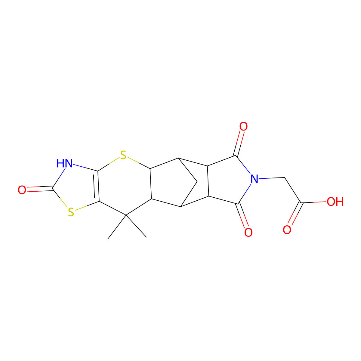 2-{9,9-Dimethyl-6,13,15-trioxo-3,7-dithia-5,14-diazapentacyclo[9.5.1.0^{2,10}.0^{4,8}.0^{12,16}]heptadec-4(8)-en-14-yl}acetic acid molecular structure, CAS 1212216-00-6