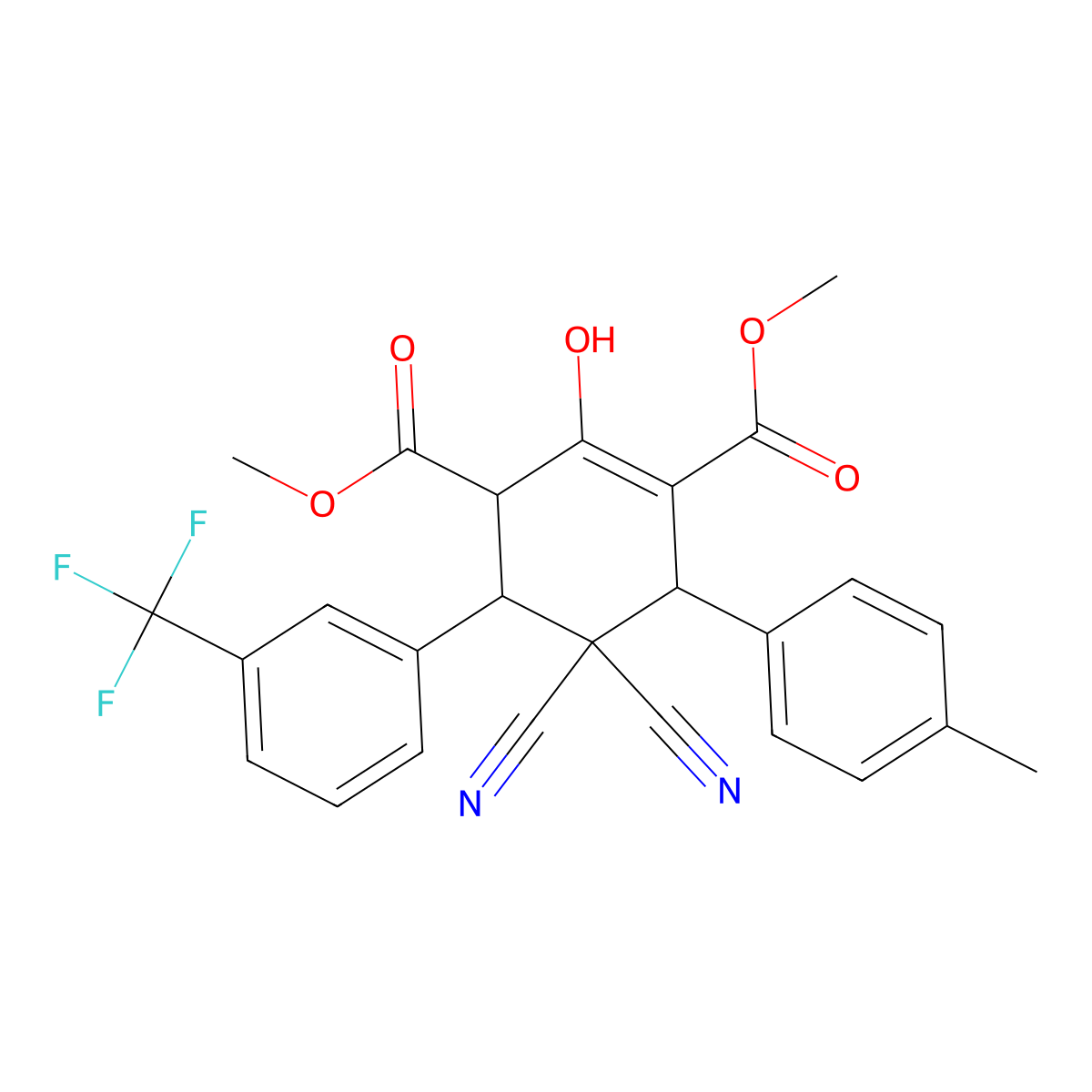 Dimethyl 5,5-dicyano-2-hydroxy-6-(4-methylphenyl)-4-[3-(trifluoromethyl)phenyl]-1-cyclohexene-1,3-dicarboxylate molecular structure, CAS 1212217-00-9