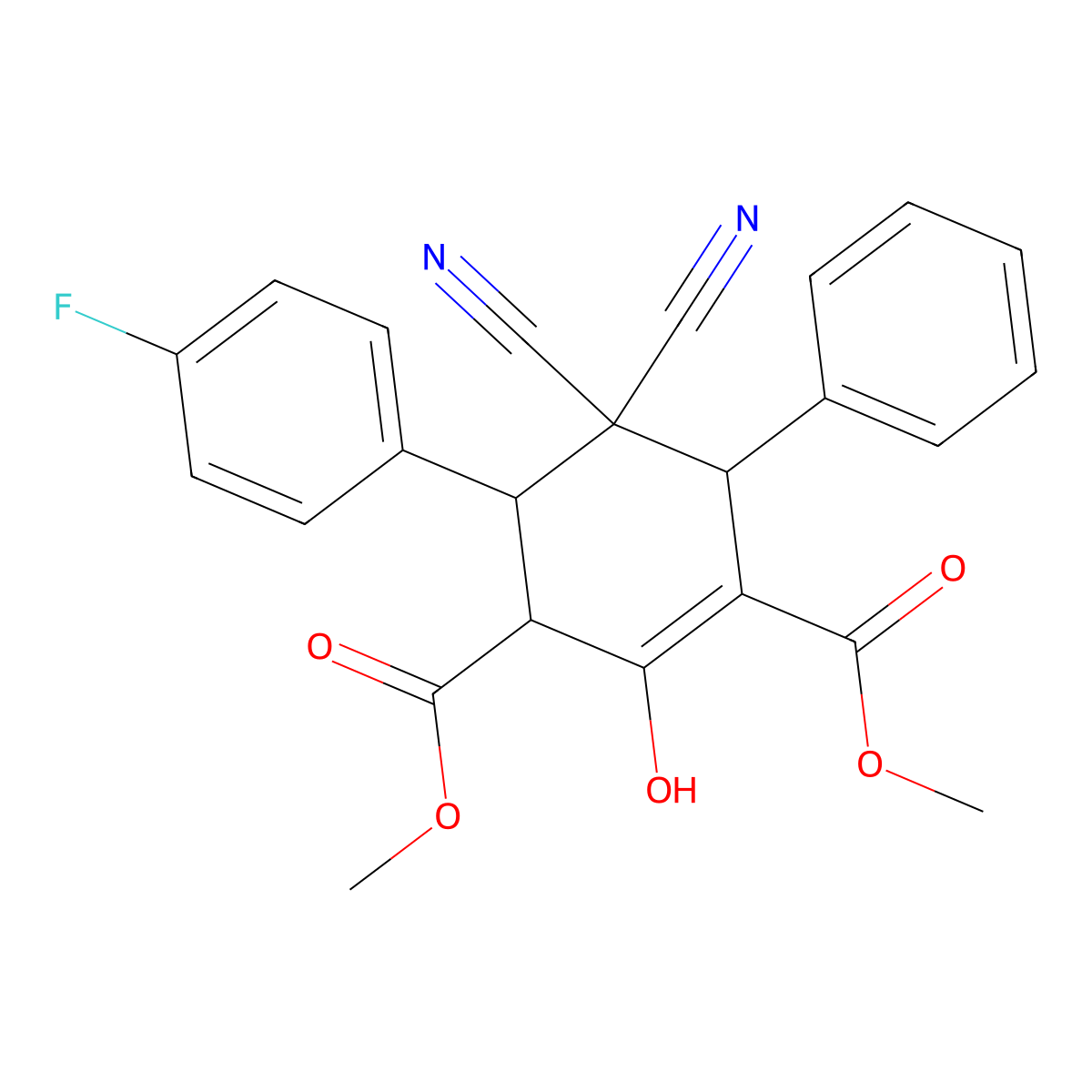 Dimethyl 5,5-dicyano-4-(4-fluorophenyl)-2-hydroxy-6-phenyl-1-cyclohexene-1,3-dicarboxylate molecular structure, CAS 1212220-50-2