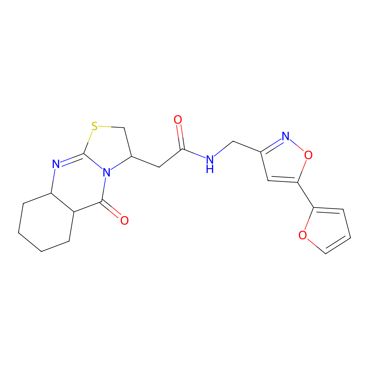 N-{[5-(furan-2-yl)-1,2-oxazol-3-yl]methyl}-2-{5-oxo-2H,3H,5H,5aH,6H,7H,8H,9H,9aH-[1,3]thiazolo[2,3-b]quinazolin-3-yl}acetamide molecular structure, CAS 1212245-41-4