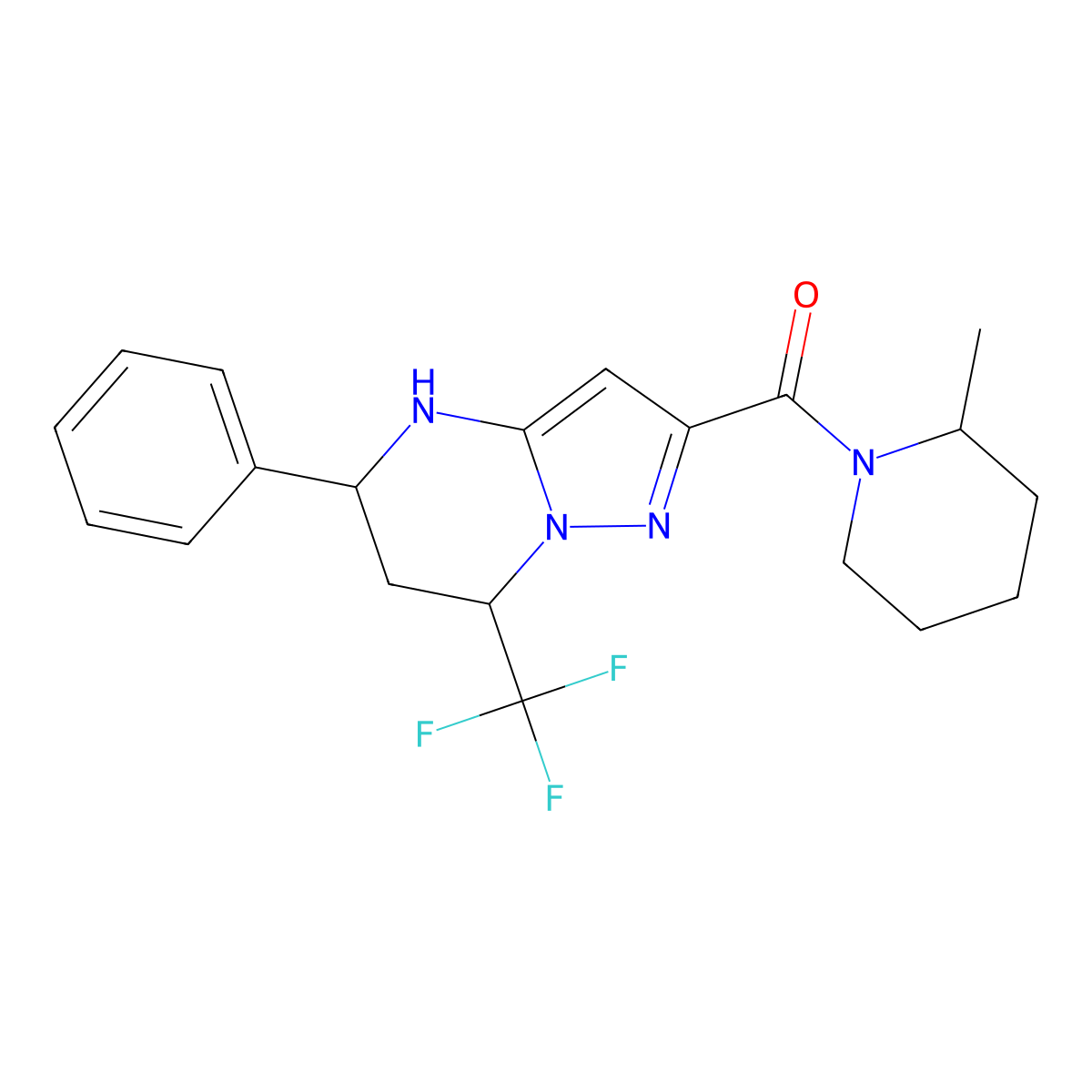 (2-Methylpiperidin-1-yl)(5-phenyl-7-(trifluoromethyl)-4,5,6,7-tetrahydropyrazolo[1,5-a]pyrimidin-2-yl)methanone molecular structure, CAS 1212245-52-7