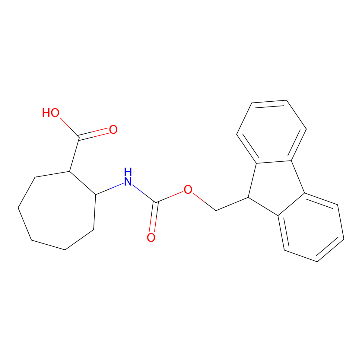 rac-(1R,2S)-2-((((9H-fluoren-9-yl)methoxy)carbonyl)amino)cycloheptane-1-carboxylic acid molecular structure, CAS 1212250-46-8