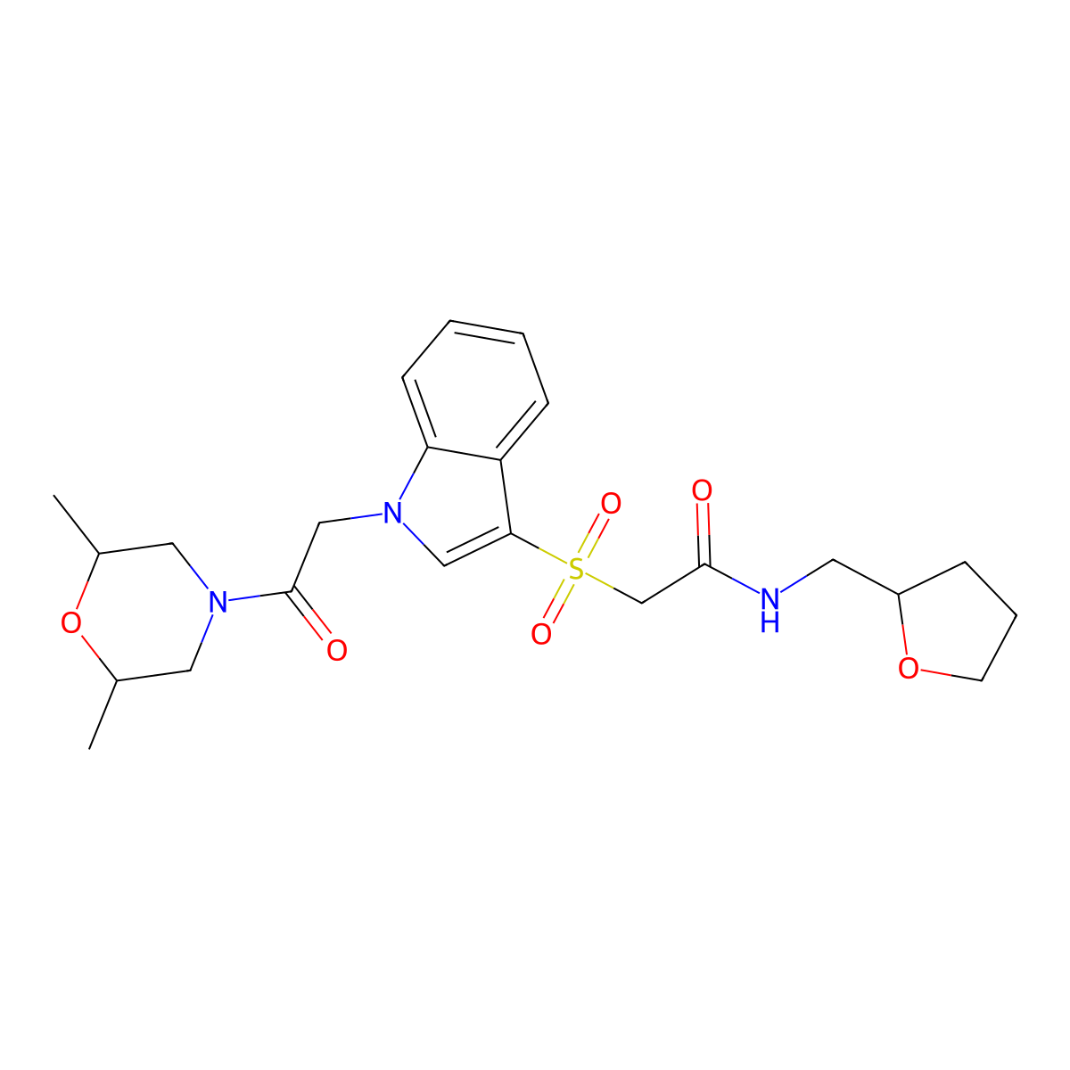 2-((1-(2-(2,6-dimethylmorpholino)-2-oxoethyl)-1H-indol-3-yl)sulfonyl)-N-((tetrahydrofuran-2-yl)methyl)acetamide molecular structure, CAS 1212251-22-3