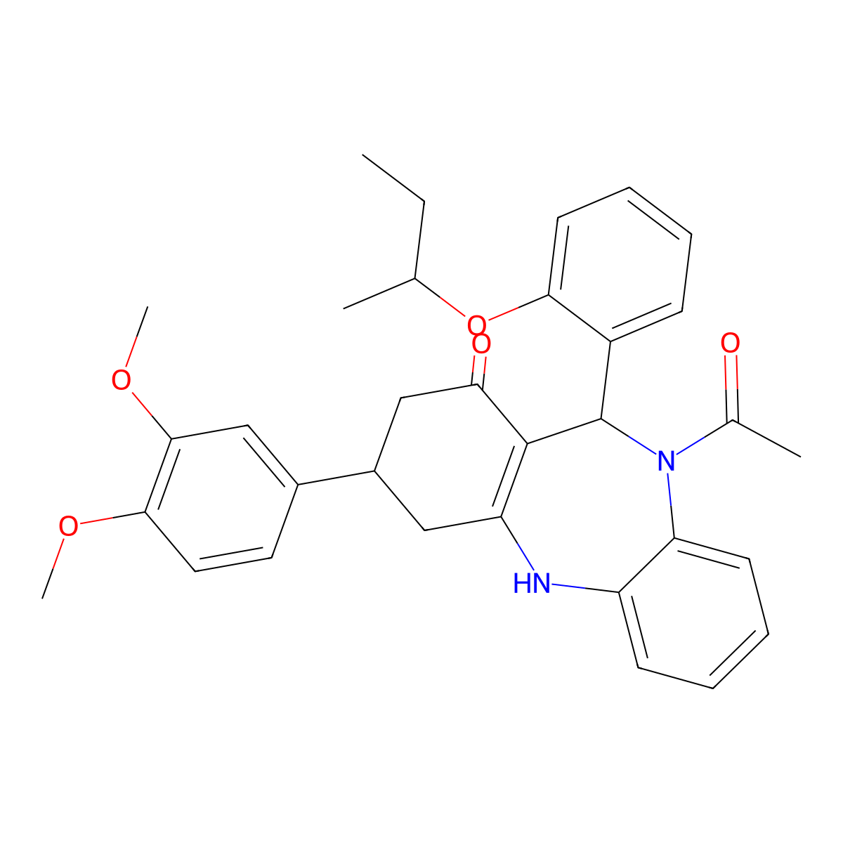 5-acetyl-9-(3,4-dimethoxyphenyl)-6-(2-sec-butoxyphenyl)-8,9,10,11-tetrahydro-6H-benzo[b][1,4]benzodiazepin-7-one molecular structure, CAS 1212256-15-9