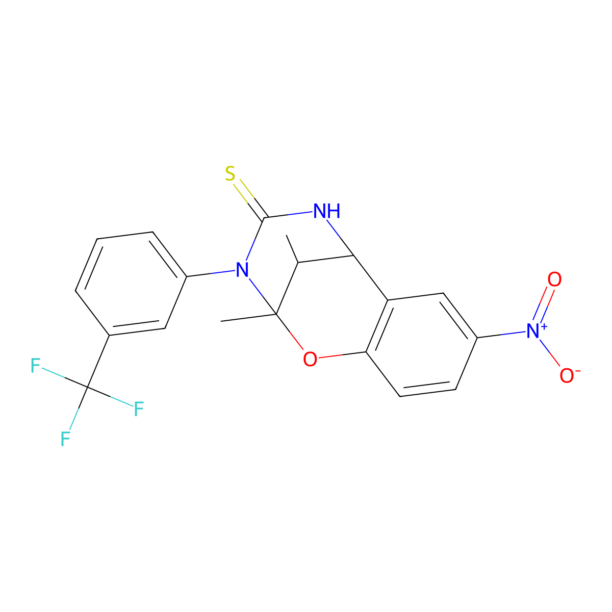 9,13-Dimethyl-4-nitro-10-[3-(trifluoromethyl)phenyl]-8-oxa-10,12-diazatricyclo[7.3.1.0^{2,7}]trideca-2,4,6-triene-11-thione molecular structure, CAS 1212269-33-4