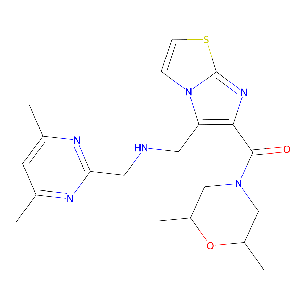 rel-[(2R,6S)-2,6-Dimethyl-4-morpholinyl][5-[[[(4,6-dimethyl-2-pyrimidinyl)methyl]amino]methyl]imidazo[2,1-b]thiazol-6-yl]methanone molecular structure, CAS 1212272-06-4
