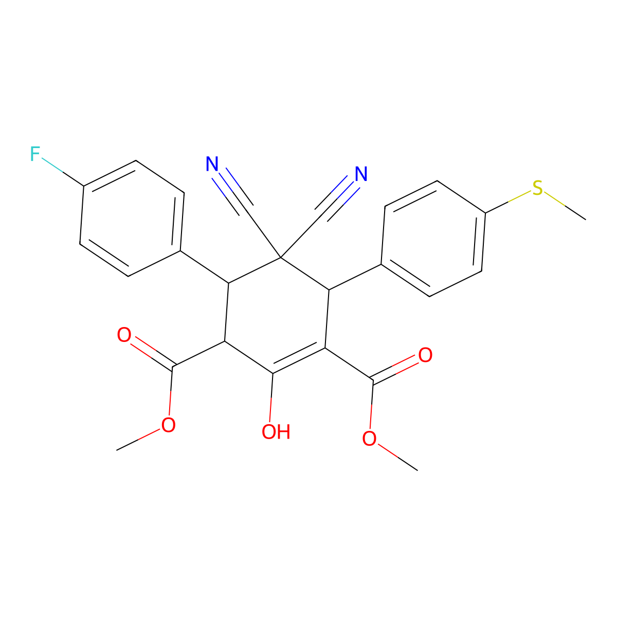 Dimethyl 5,5-dicyano-4-(4-fluorophenyl)-2-hydroxy-6-[4-(methylsulfanyl)phenyl]-1-cyclohexene-1,3-dicarboxylate molecular structure, CAS 1212279-29-2
