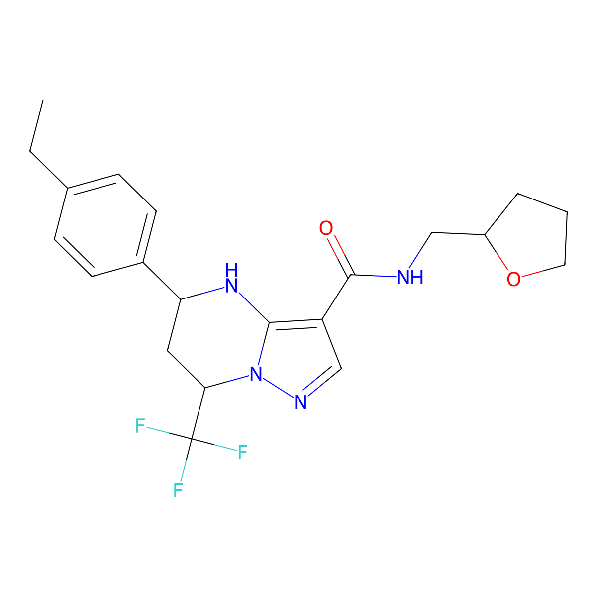 5-(4-ethylphenyl)-N-(tetrahydrofuran-2-ylmethyl)-7-(trifluoromethyl)-4,5,6,7-tetrahydropyrazolo[1,5-a]pyrimidine-3-carboxamide molecular structure, CAS 1212286-27-5