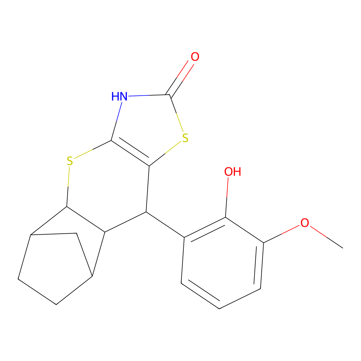 9-(2-hydroxy-3-methoxyphenyl)-3,4a,5,6,7,8,8a,9-octahydro-2H-5,8-methanothiochromeno[2,3-d]thiazol-2-one molecular structure, CAS 1212292-20-0