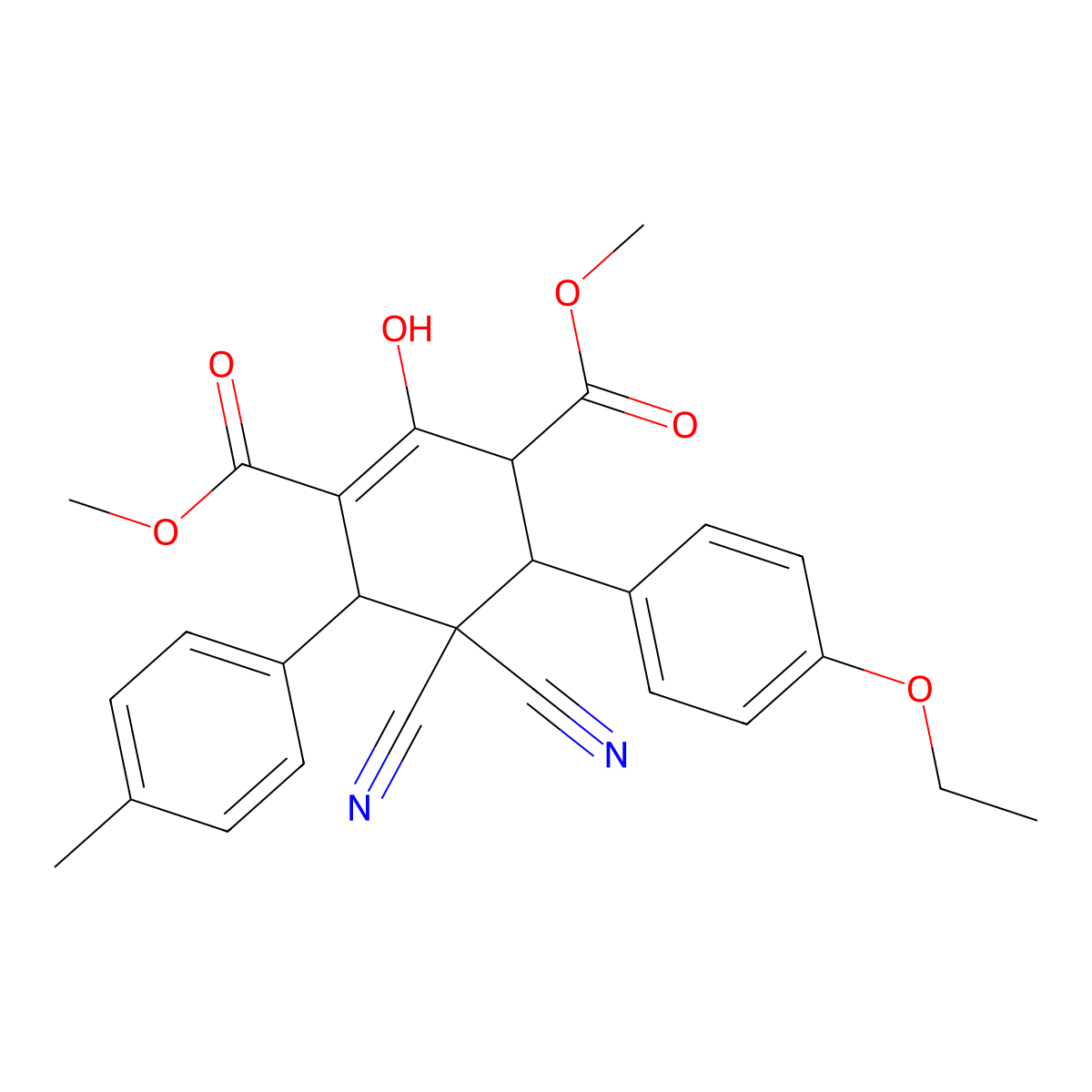 Dimethyl 5,5-dicyano-4-(4-ethoxyphenyl)-2-hydroxy-6-(4-methylphenyl)-1-cyclohexene-1,3-dicarboxylate molecular structure, CAS 1212296-00-8