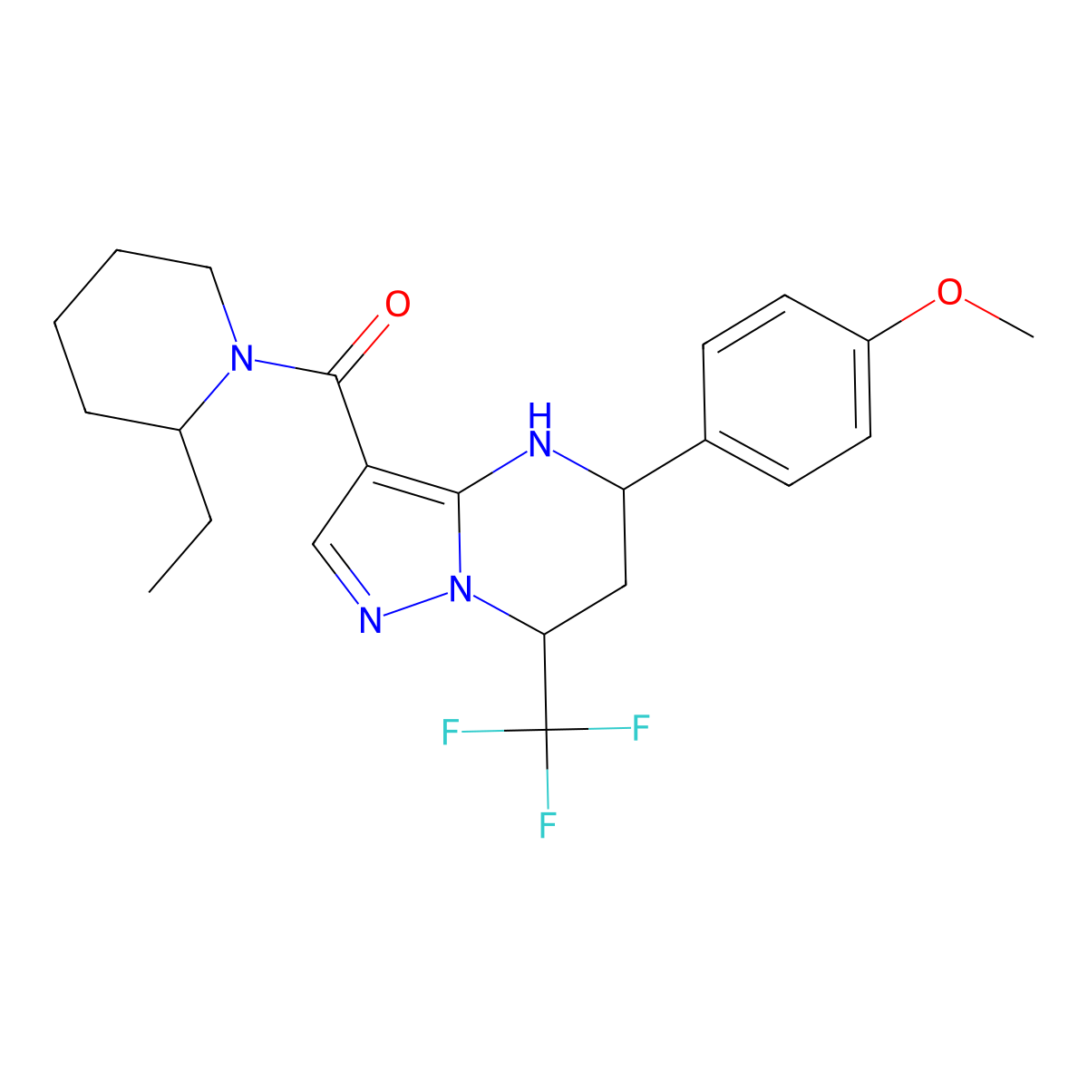 (2-Ethylpiperidin-1-yl)(5-(4-methoxyphenyl)-7-(trifluoromethyl)-4,5,6,7-tetrahydropyrazolo[1,5-a]pyrimidin-3-yl)methanone molecular structure, CAS 1212298-37-7