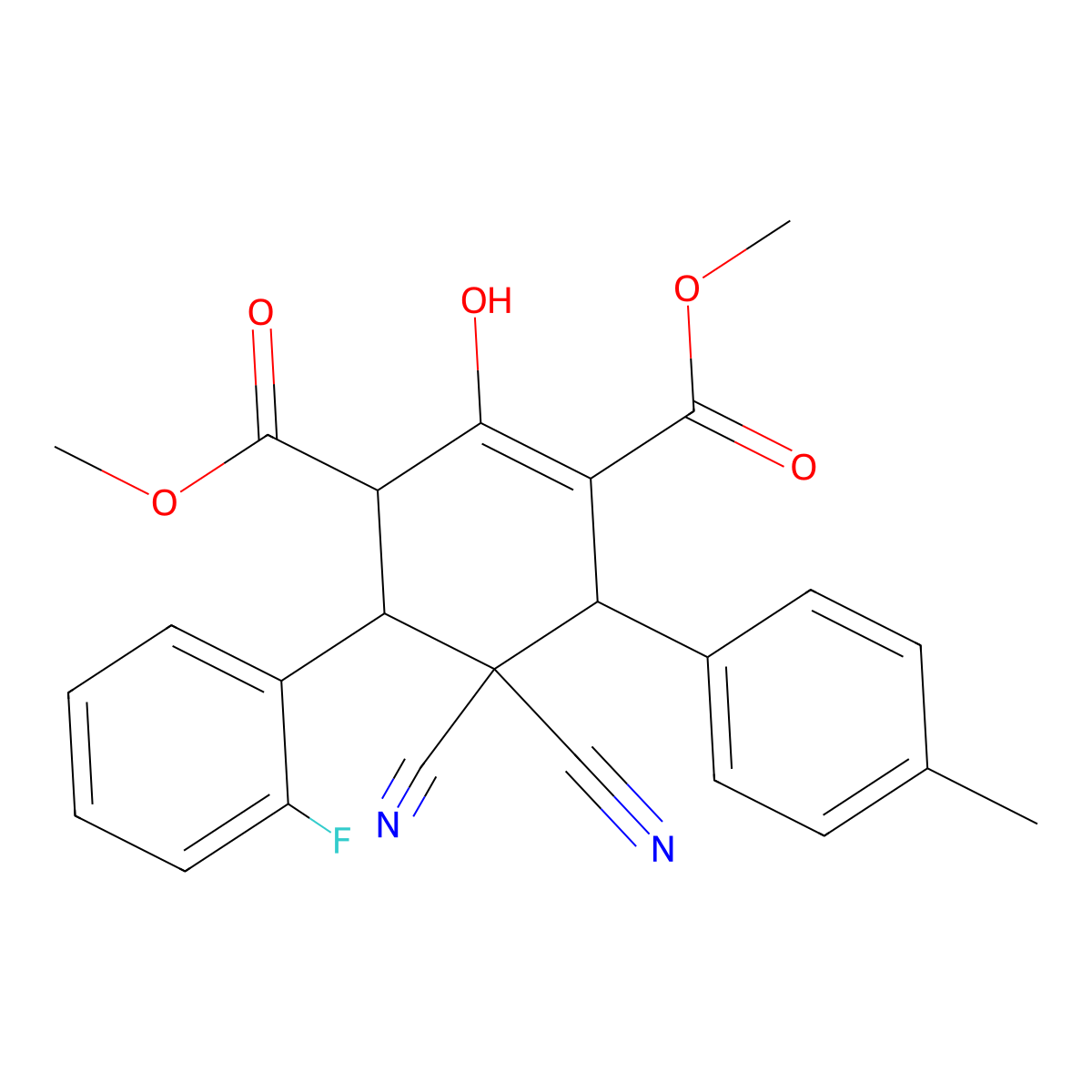 Dimethyl 5,5-dicyano-4-(2-fluorophenyl)-2-hydroxy-6-(4-methylphenyl)-1-cyclohexene-1,3-dicarboxylate molecular structure, CAS 1212316-07-8