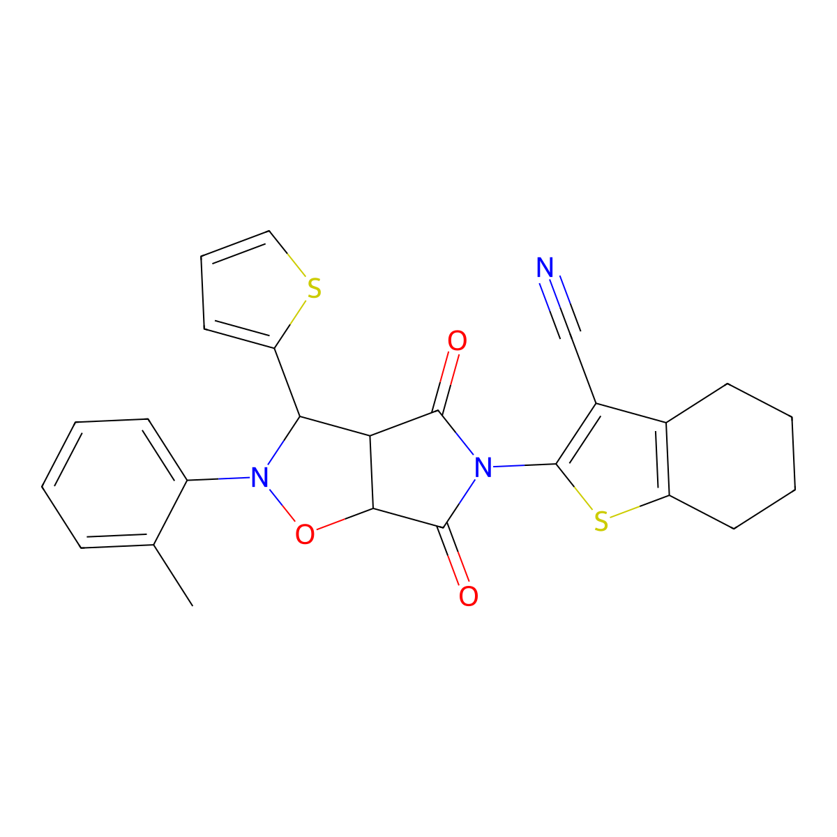 2-(4,6-dioxo-3-(thiophen-2-yl)-2-(o-tolyl)tetrahydro-2H-pyrrolo[3,4-d]isoxazol-5(3H)-yl)-4,5,6,7-tetrahydrobenzo[b]thiophene-3-carbonitrile molecular structure, CAS 1212321-39-5