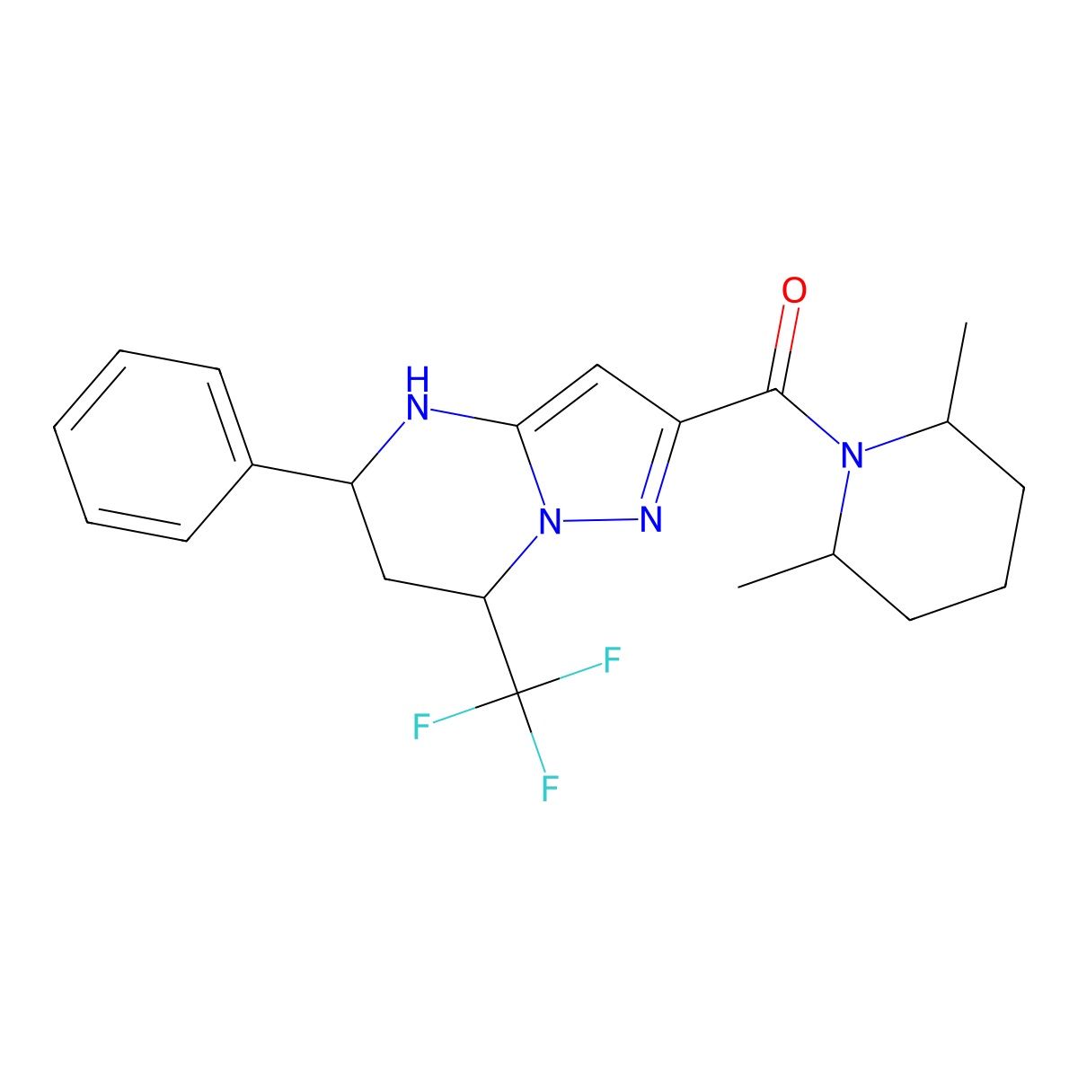 (2,6-Dimethylpiperidin-1-yl)(5-phenyl-7-(trifluoromethyl)-4,5,6,7-tetrahydropyrazolo[1,5-a]pyrimidin-2-yl)methanone molecular structure, CAS 1212325-85-3