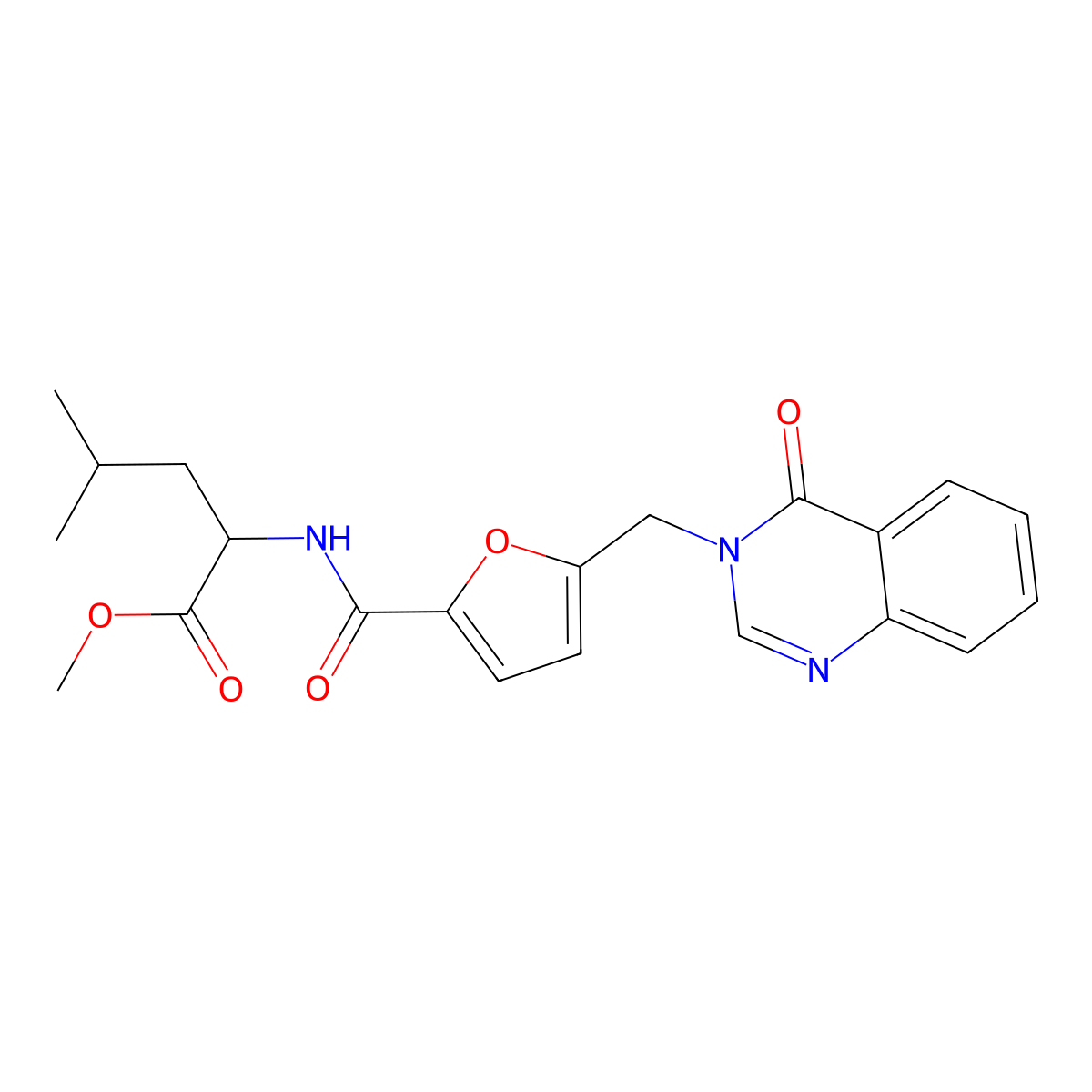 (S)-methyl 4-methyl-2-(5-((4-oxoquinazolin-3(4H)-yl)methyl)furan-2-carboxamido)pentanoate molecular structure, CAS 1212336-84-9