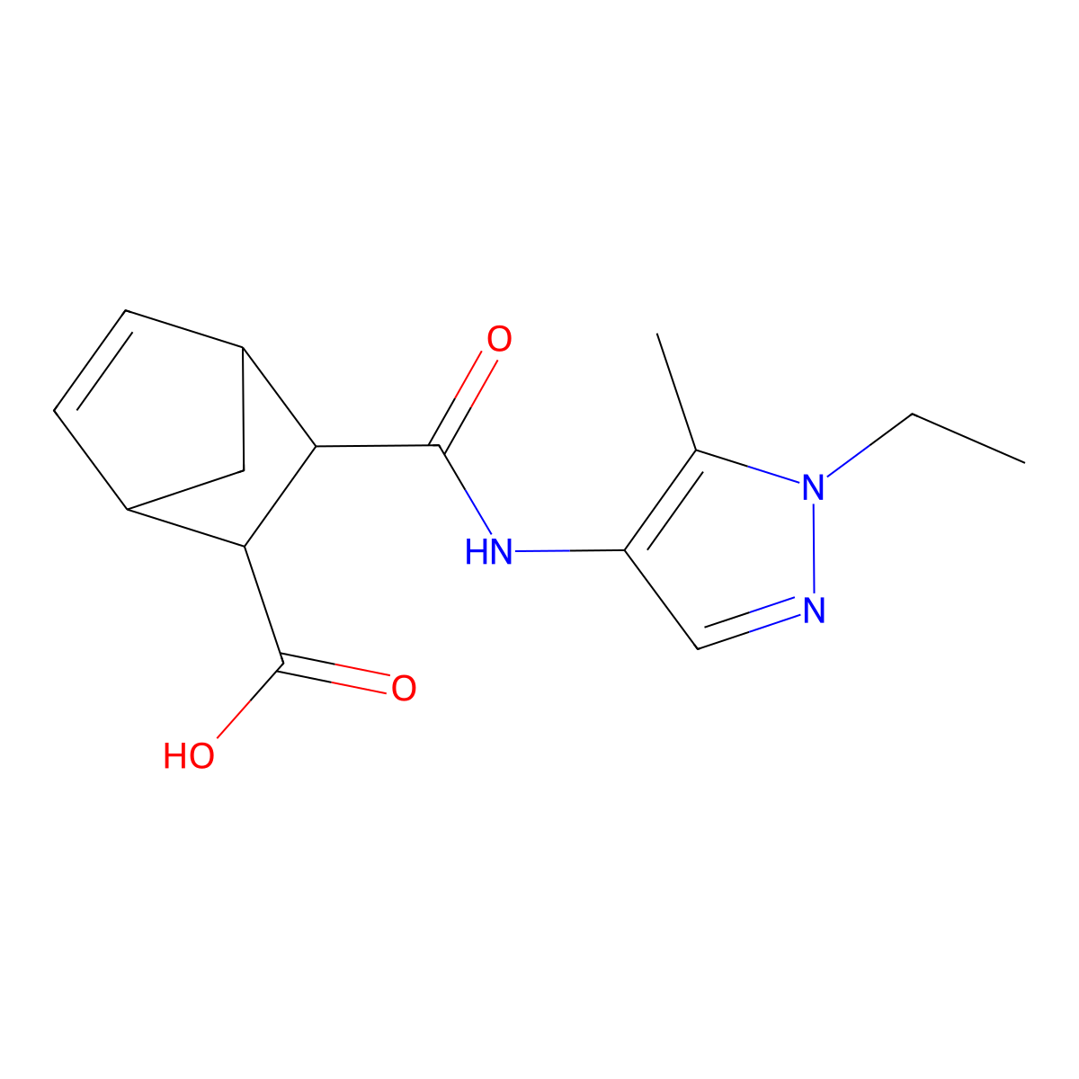 3-((1-ethyl-5-methyl-1H-pyrazol-4-yl)carbamoyl)bicyclo[2.2.1]hept-5-ene-2-carboxylic acid molecular structure, CAS 1212343-36-6