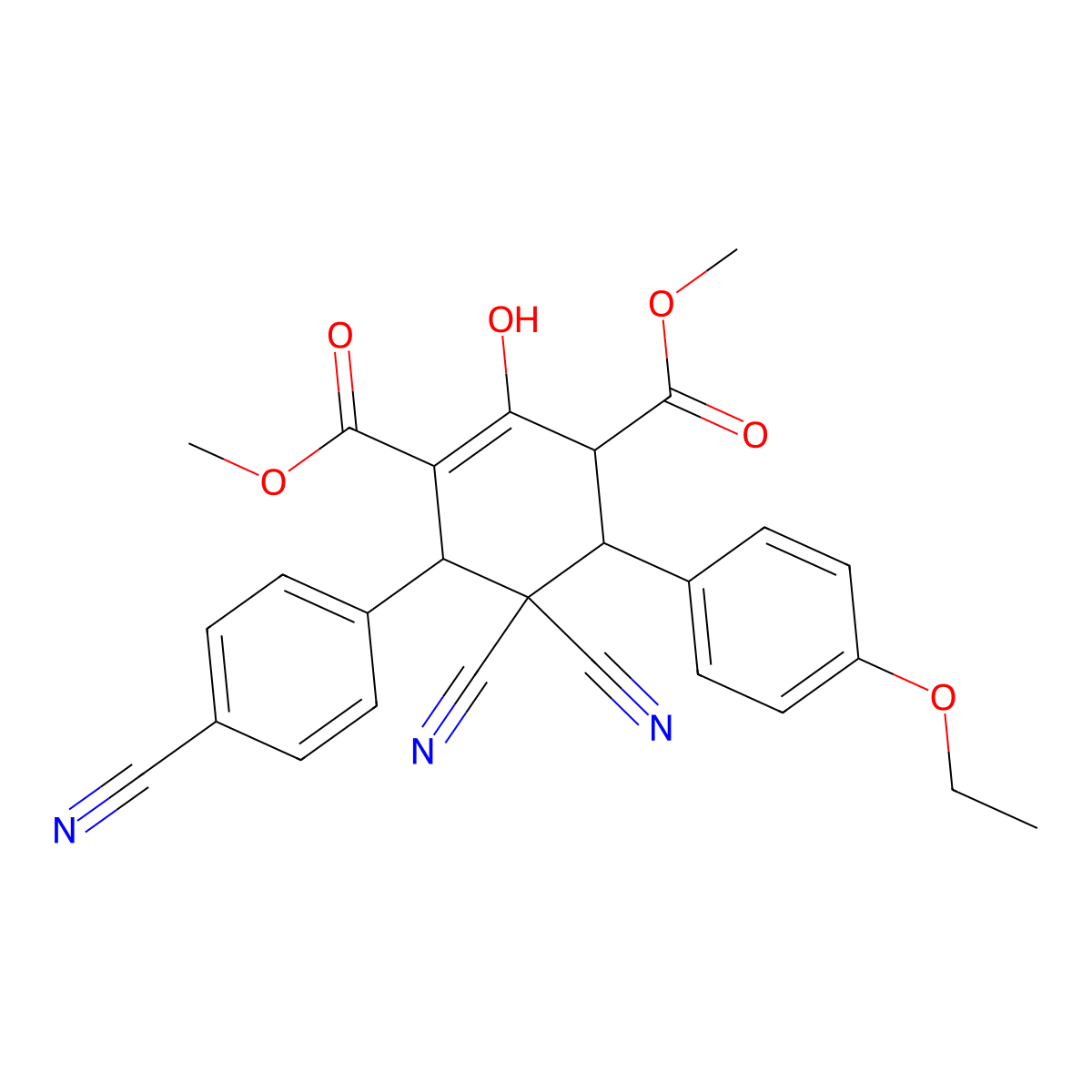 Dimethyl 5,5-dicyano-6-(4-cyanophenyl)-4-(4-ethoxyphenyl)-2-hydroxy-1-cyclohexene-1,3-dicarboxylate molecular structure, CAS 1212351-49-9