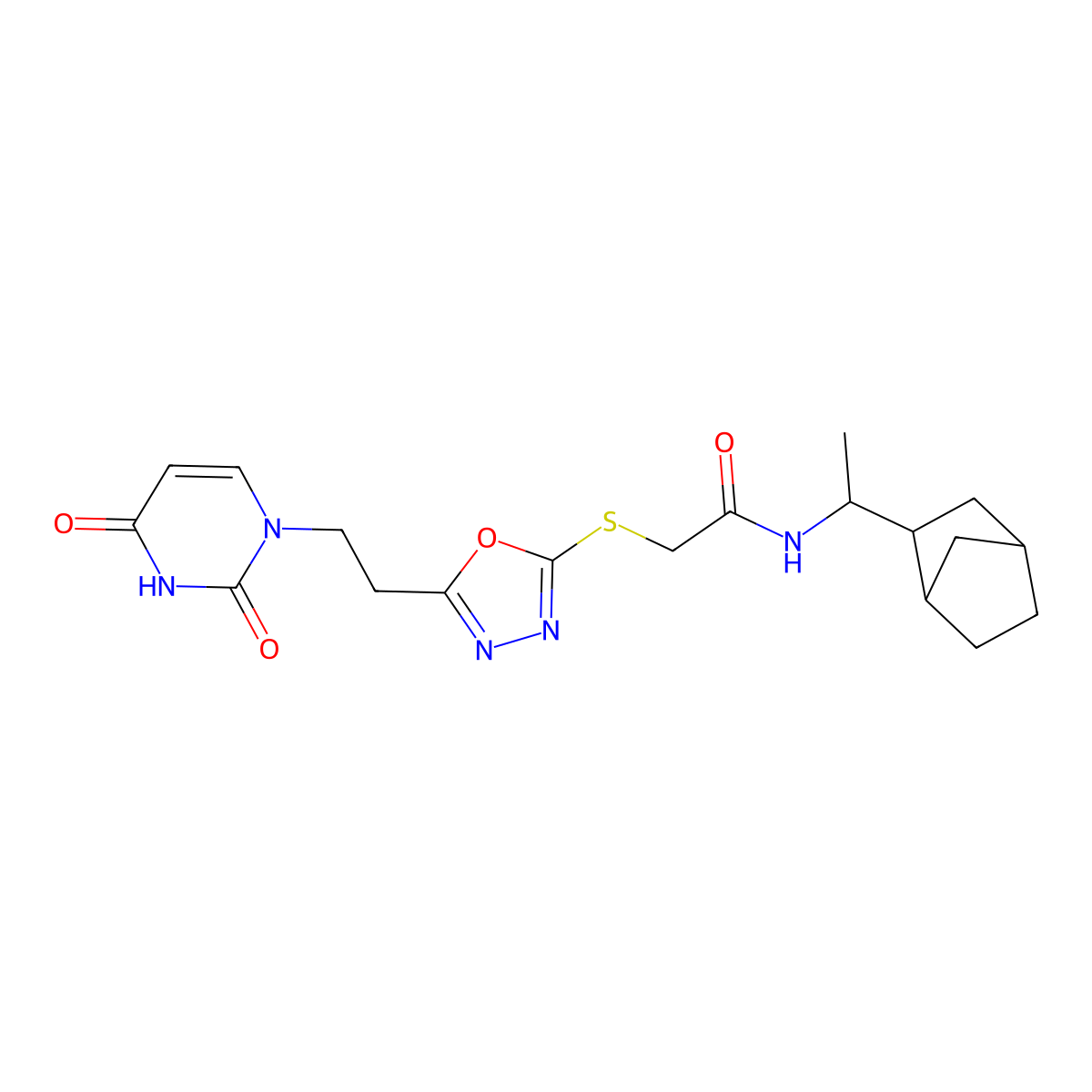 N-[1-(2-Bicyclo[2.2.1]heptanyl)ethyl]-2-[[5-[2-(2,4-dioxopyrimidin-1-yl)ethyl]-1,3,4-oxadiazol-2-yl]sulfanyl]acetamide molecular structure, CAS 1212362-36-1