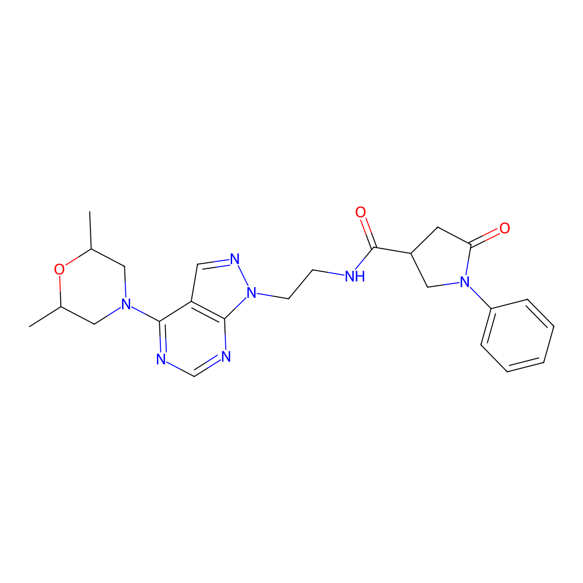 N-(2-(4-(2,6-dimethylmorpholino)-1H-pyrazolo[3,4-d]pyrimidin-1-yl)ethyl)-5-oxo-1-phenylpyrrolidine-3-carboxamide molecular structure, CAS 1212385-77-7