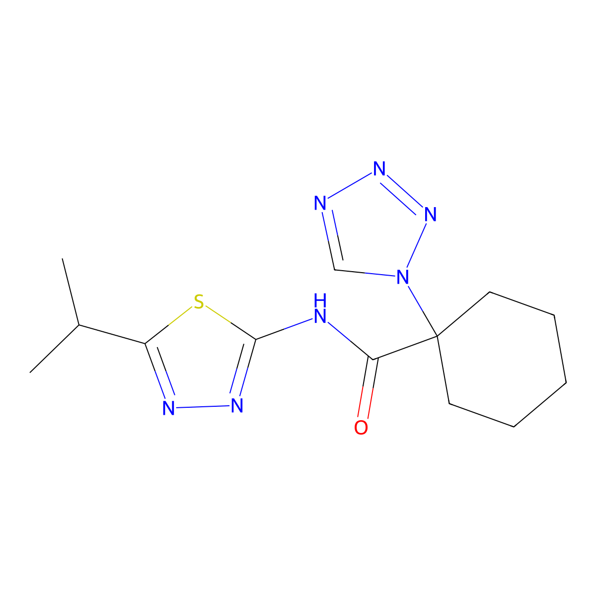 N-(5-isopropyl-1,3,4-thiadiazol-2-yl)-1-(1H-tetrazol-1-yl)cyclohexanecarboxamide molecular structure, CAS 1212391-72-4