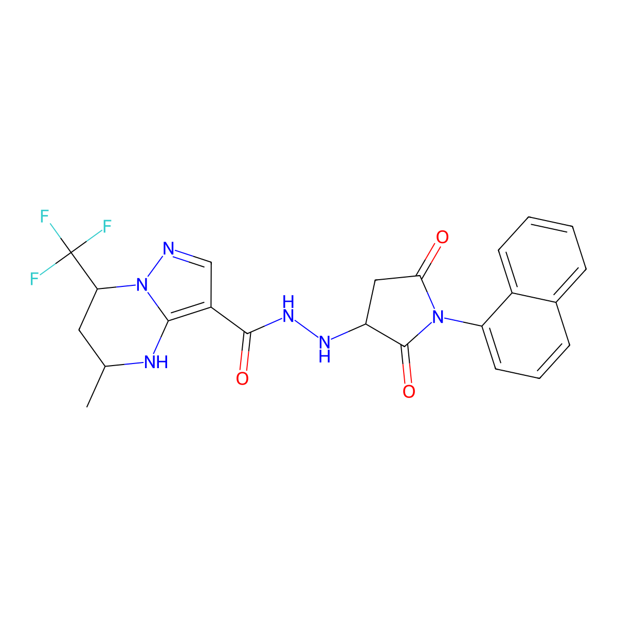 5-methyl-N'-(1-(naphthalen-1-yl)-2,5-dioxopyrrolidin-3-yl)-7-(trifluoromethyl)-4,5,6,7-tetrahydropyrazolo[1,5-a]pyrimidine-3-carbohydrazide molecular structure, CAS 1212400-90-2