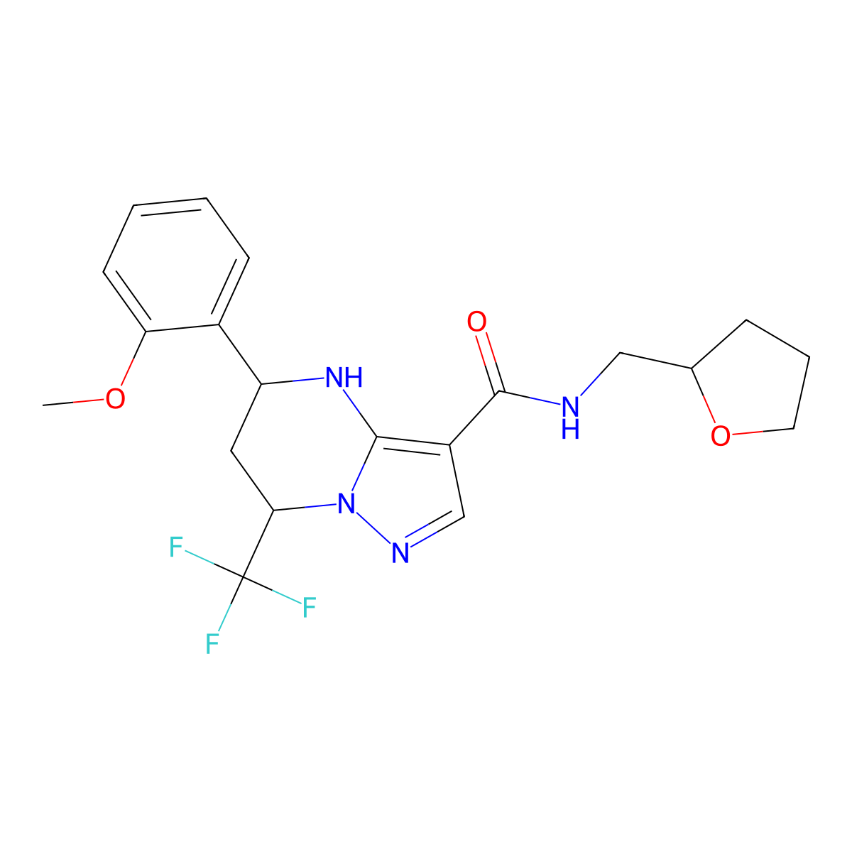 5-(2-methoxyphenyl)-N-(tetrahydrofuran-2-ylmethyl)-7-(trifluoromethyl)-4,5,6,7-tetrahydropyrazolo[1,5-a]pyrimidine-3-carboxamide molecular structure, CAS 1212407-36-7