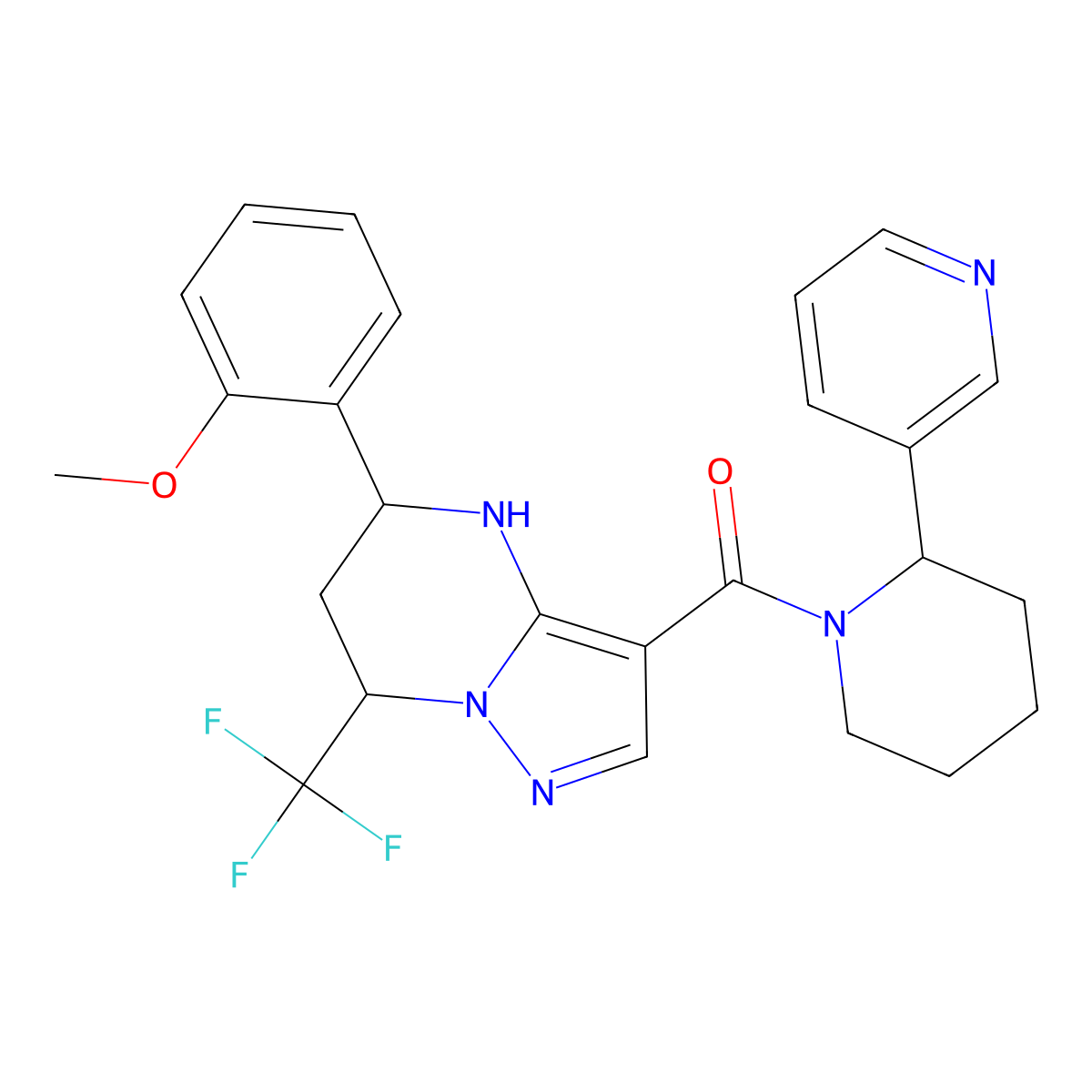 (5-(2-Methoxyphenyl)-7-(trifluoromethyl)-4,5,6,7-tetrahydropyrazolo[1,5-a]pyrimidin-3-yl)(2-(pyridin-3-yl)piperidin-1-yl)methanone molecular structure, CAS 1212412-72-0