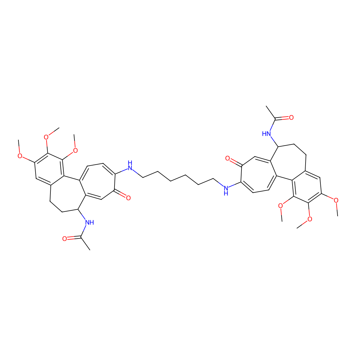 N-[(7R)-10-[6-[[(7S)-7-acetamido-1,2,3-trimethoxy-9-oxo-6,7-dihydro-5H-benzo[a]heptalen-10-yl]amino]hexylamino]-1,2,3-trimethoxy-9-oxo-6,7-dihydro-5H-benzo[a]heptalen-7-yl]acetamide molecular structure, CAS 1212418-46-6
