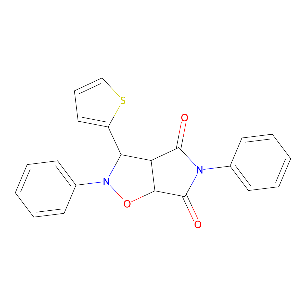 2,5-diphenyl-3-(thiophen-2-yl)dihydro-2H-pyrrolo[3,4-d]isoxazole-4,6(5H,6aH)-dione molecular structure, CAS 1212419-95-8