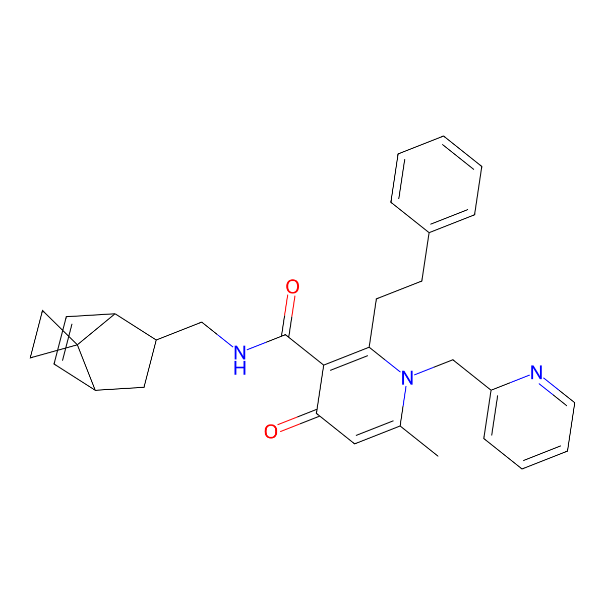 6-methyl-4-oxo-2-(2-phenylethyl)-1-(2-pyridinylmethyl)-N-(spiro[bicyclo[2.2.1]heptane-7,1'-cyclopropane]-5-en-2-ylmethyl)-1,4-dihydro-3-pyridinecarboxamide molecular structure, CAS 1212420-15-9