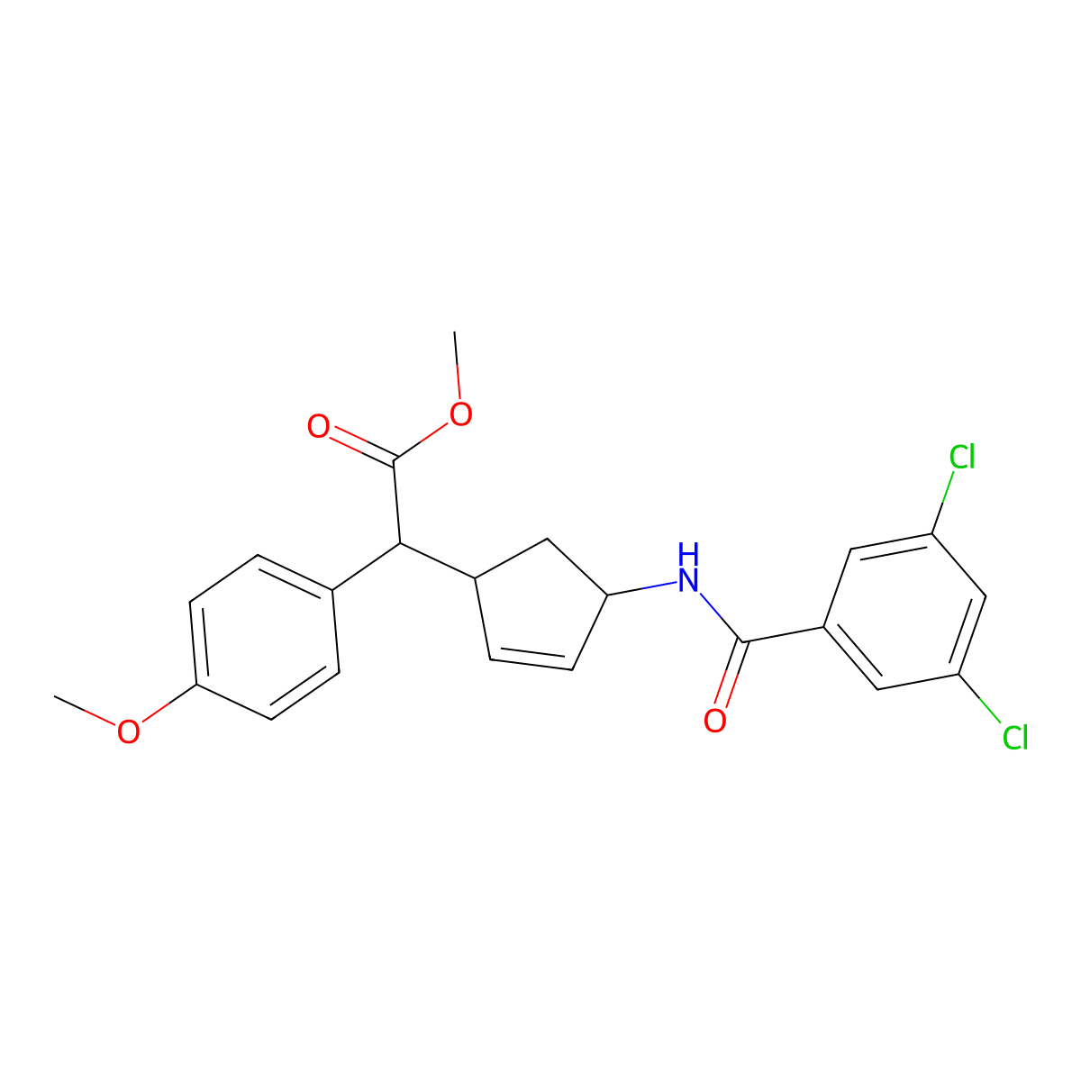 Methyl 2-{4-[(3,5-dichlorobenzoyl)amino]-2-cyclopentenyl}-2-(4-methoxyphenyl)acetate molecular structure, CAS 1212422-16-6