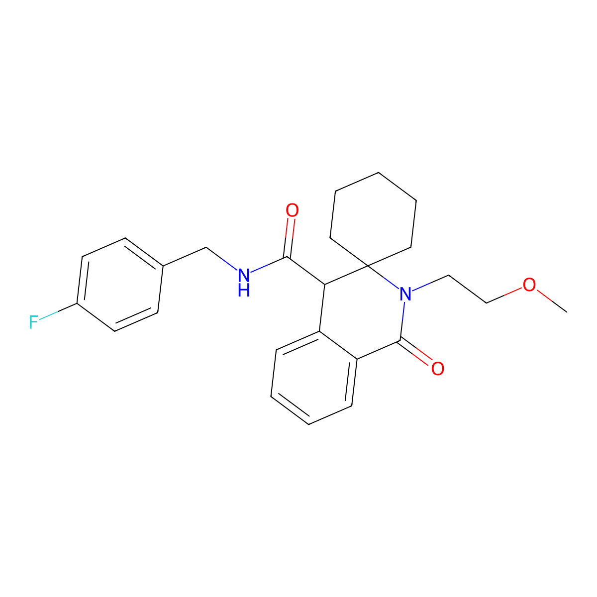 N-(4-fluorobenzyl)-2'-(2-methoxyethyl)-1'-oxo-1',4'-dihydro-2'H-spiro[cyclohexane-1,3'-isoquinoline]-4'-carboxamide molecular structure, CAS 1212429-29-2