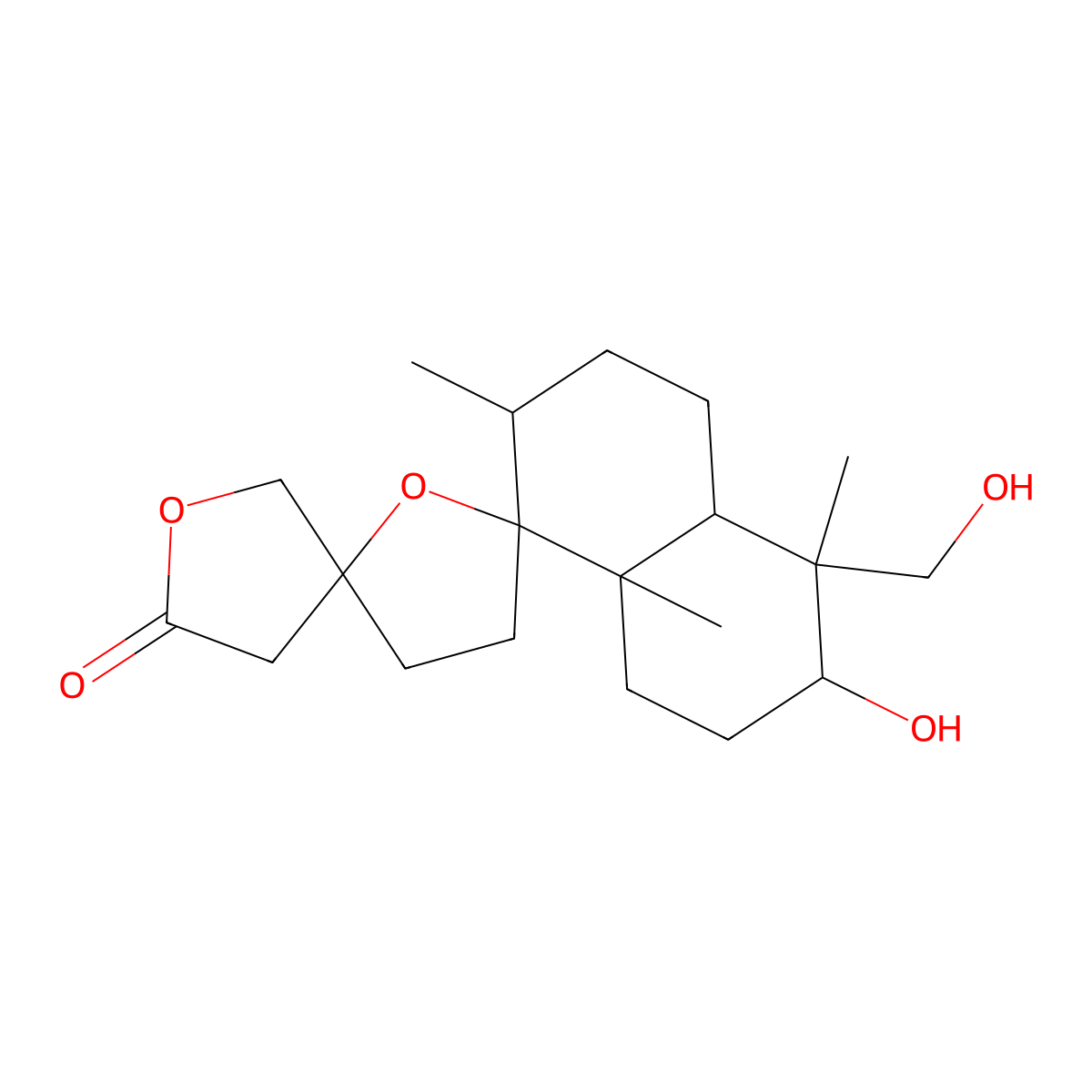 (1R,2R,5R,6S,8aS)-6-hydroxy-5-(hydroxymethyl)-2,5,8a-trimethyl-octahydro-2H-dispiro[naphthalene-1,2':5',3''-bis(oxolane)]-5''-one molecular structure, CAS 1212429-32-7