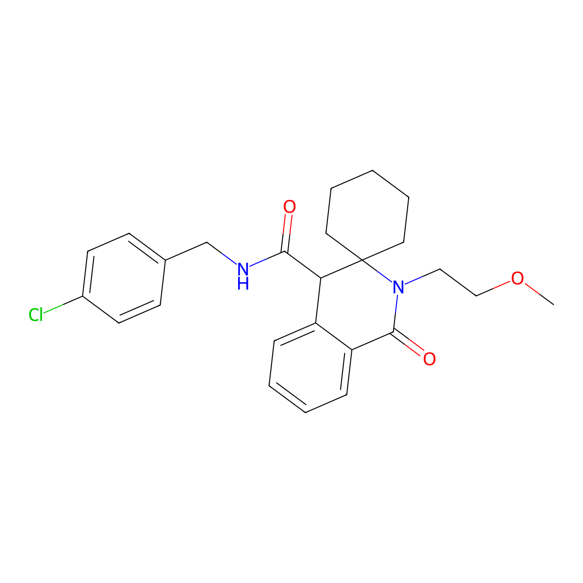 N-(4-chlorobenzyl)-2'-(2-methoxyethyl)-1'-oxo-1',4'-dihydro-2'H-spiro[cyclohexane-1,3'-isoquinoline]-4'-carboxamide molecular structure, CAS 1212430-87-9