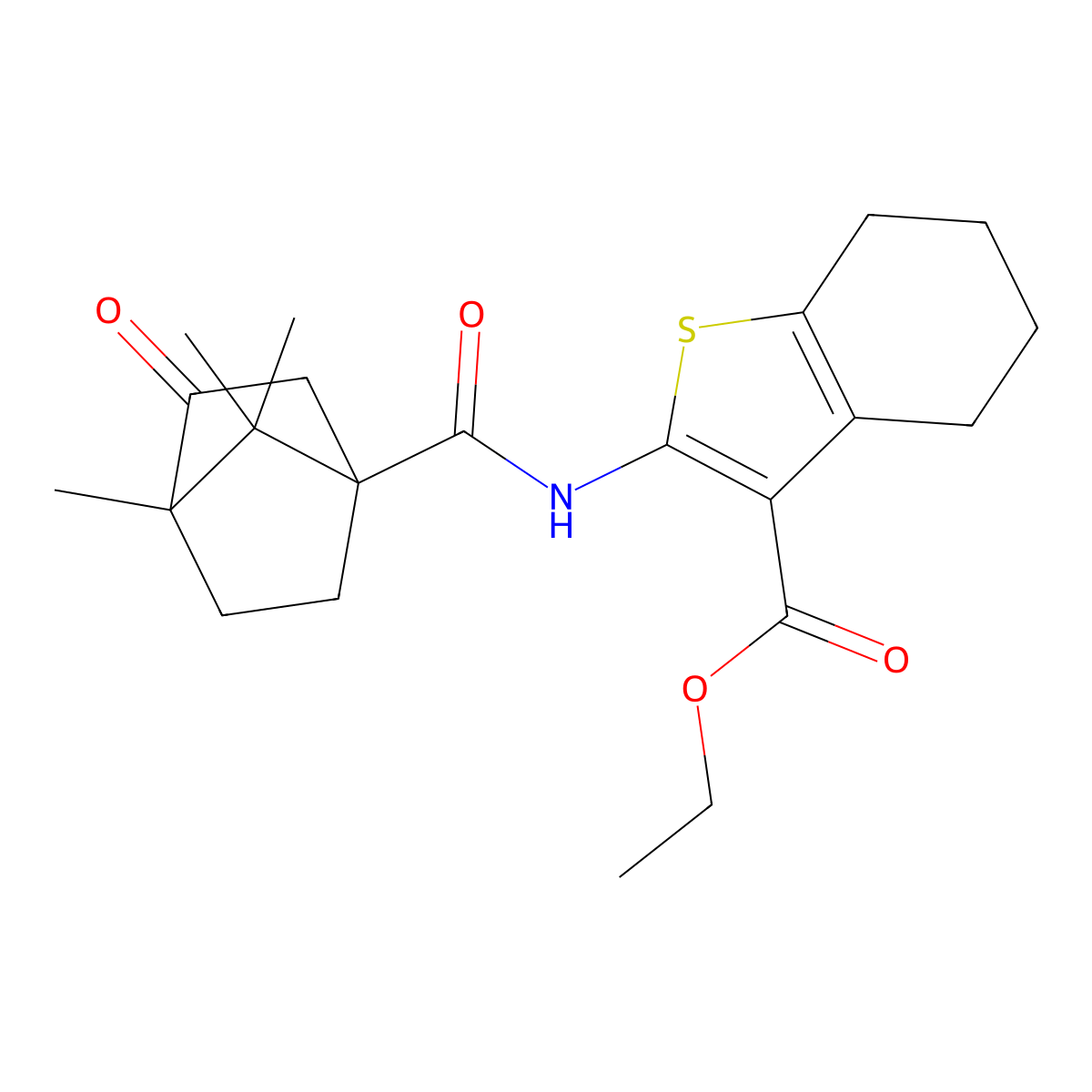 Ethyl 2-{[(4,7,7-trimethyl-3-oxobicyclo[2.2.1]hept-1-yl)carbonyl]amino}-4,5,6,7-tetrahydro-1-benzothiophene-3-carboxylate molecular structure, CAS 1212432-58-0