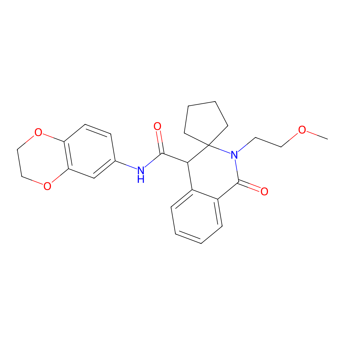 N-(2,3-dihydro-1,4-benzodioxin-6-yl)-2'-(2-methoxyethyl)-1'-oxo-1',4'-dihydro-2'H-spiro[cyclopentane-1,3'-isoquinoline]-4'-carboxamide molecular structure, CAS 1212434-98-4