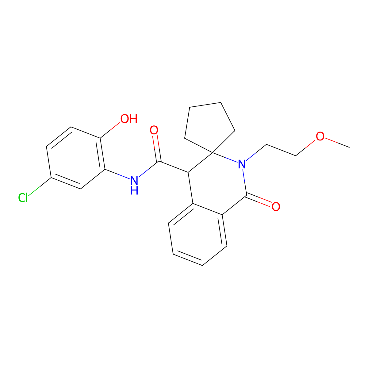 N-(5-chloro-2-hydroxyphenyl)-2'-(2-methoxyethyl)-1'-oxo-1',4'-dihydro-2'H-spiro[cyclopentane-1,3'-isoquinoline]-4'-carboxamide molecular structure, CAS 1212435-65-8