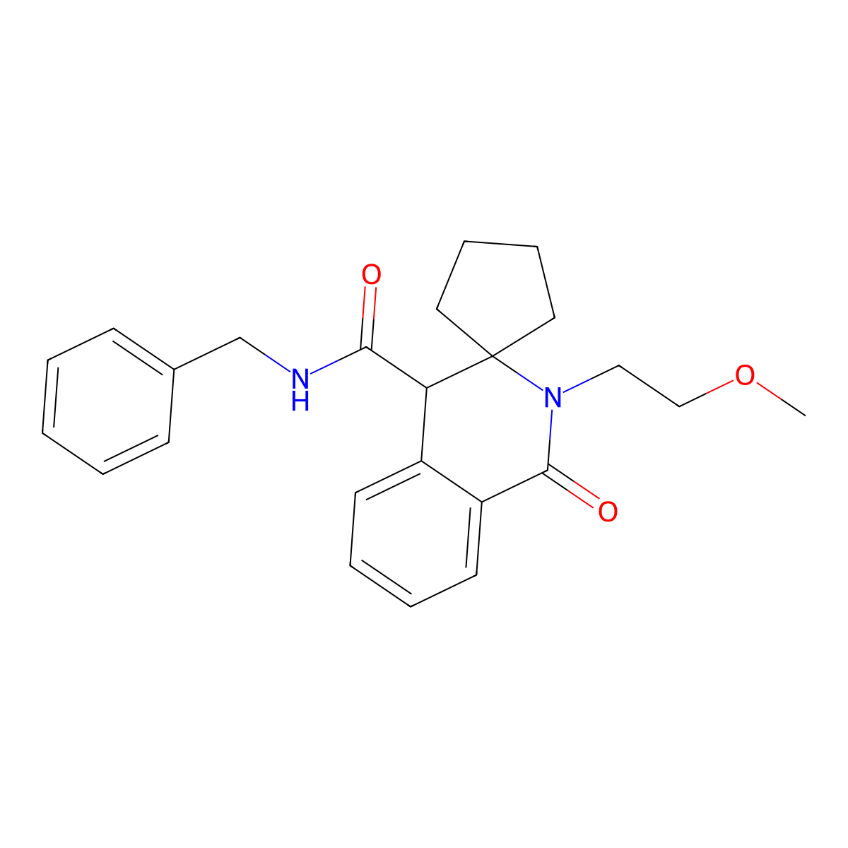 N-benzyl-2'-(2-methoxyethyl)-1'-oxo-1',4'-dihydro-2'H-spiro[cyclopentane-1,3'-isoquinoline]-4'-carboxamide molecular structure, CAS 1212441-75-2