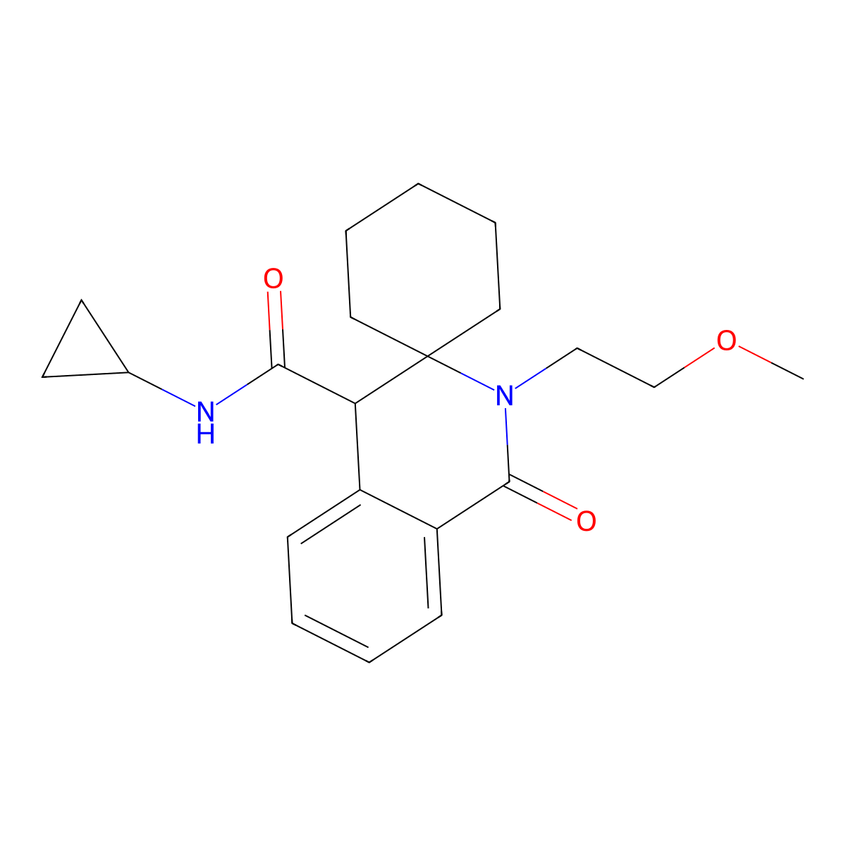 N-cyclopropyl-2'-(2-methoxyethyl)-1'-oxo-1',4'-dihydro-2'H-spiro[cyclohexane-1,3'-isoquinoline]-4'-carboxamide molecular structure, CAS 1212441-90-1