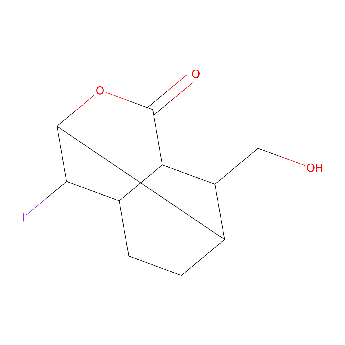 7-(Hydroxymethyl)-2-iodo-4-oxatricyclo[4.4.0.0~3,8~]decan-5-one molecular structure, CAS 1212444-75-1