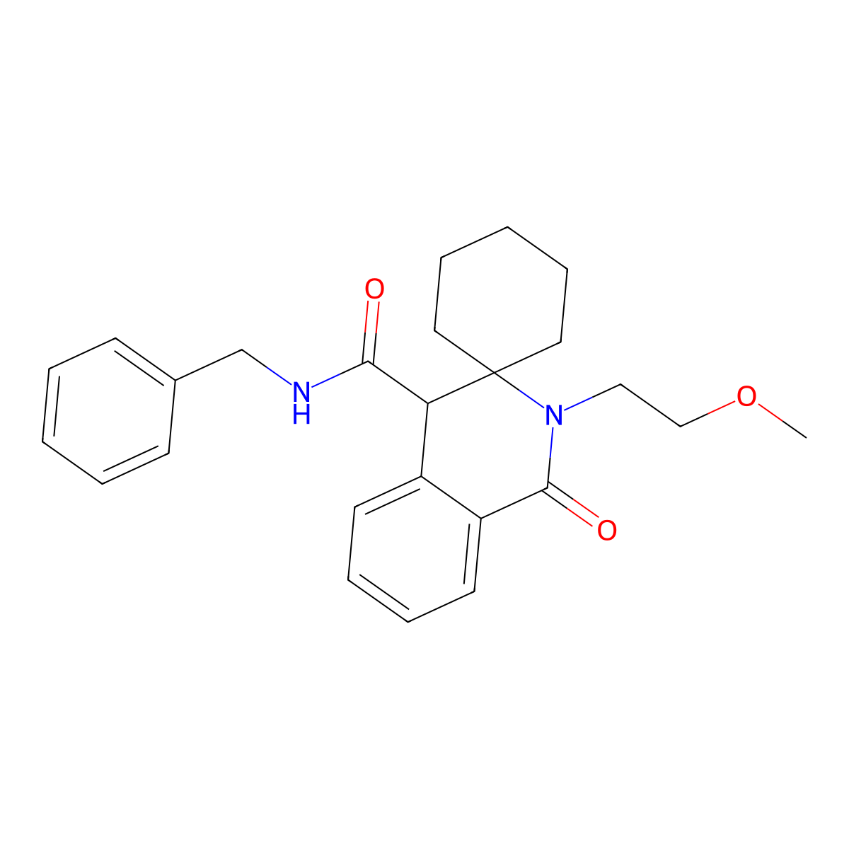 N-benzyl-2'-(2-methoxyethyl)-1'-oxo-1',4'-dihydro-2'H-spiro[cyclohexane-1,3'-isoquinoline]-4'-carboxamide molecular structure, CAS 1212451-51-8