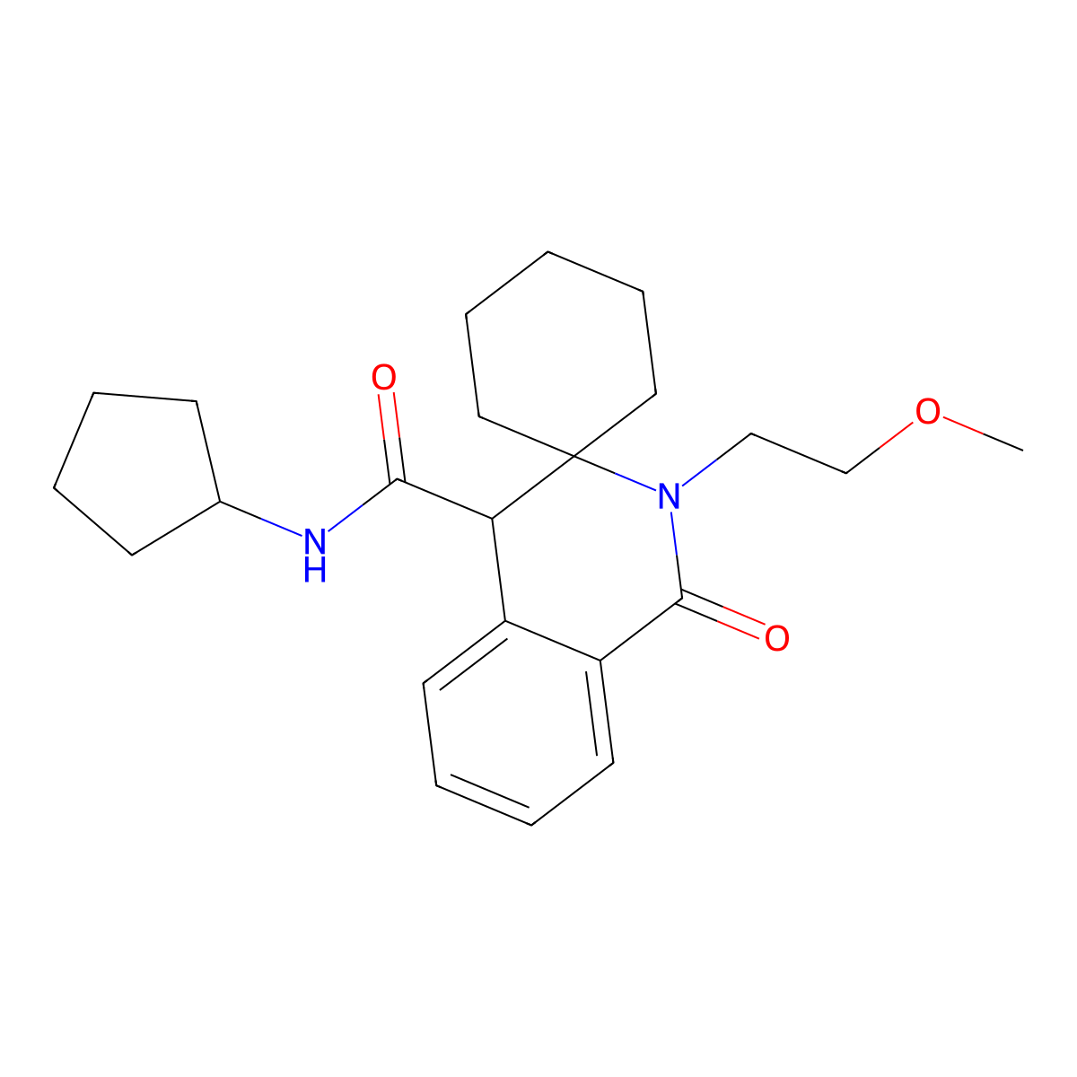 N-cyclopentyl-2'-(2-methoxyethyl)-1'-oxo-1',4'-dihydro-2'H-spiro[cyclohexane-1,3'-isoquinoline]-4'-carboxamide molecular structure, CAS 1212453-81-0