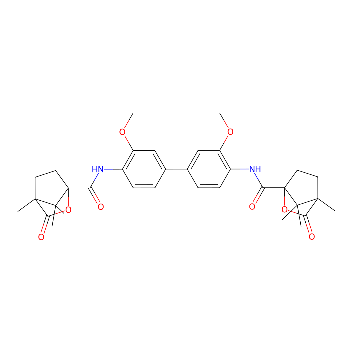 N-[2-Methoxy-4-[3-methoxy-4-[(4,7,7-trimethyl-3-oxo-2-oxabicyclo[2.2.1]heptane-1-carbonyl)amino]phenyl]phenyl]-4,7,7-trimethyl-3-oxo-2-oxabicyclo[2.2.1]heptane-1-carboxamide molecular structure, CAS 1212461-21-6