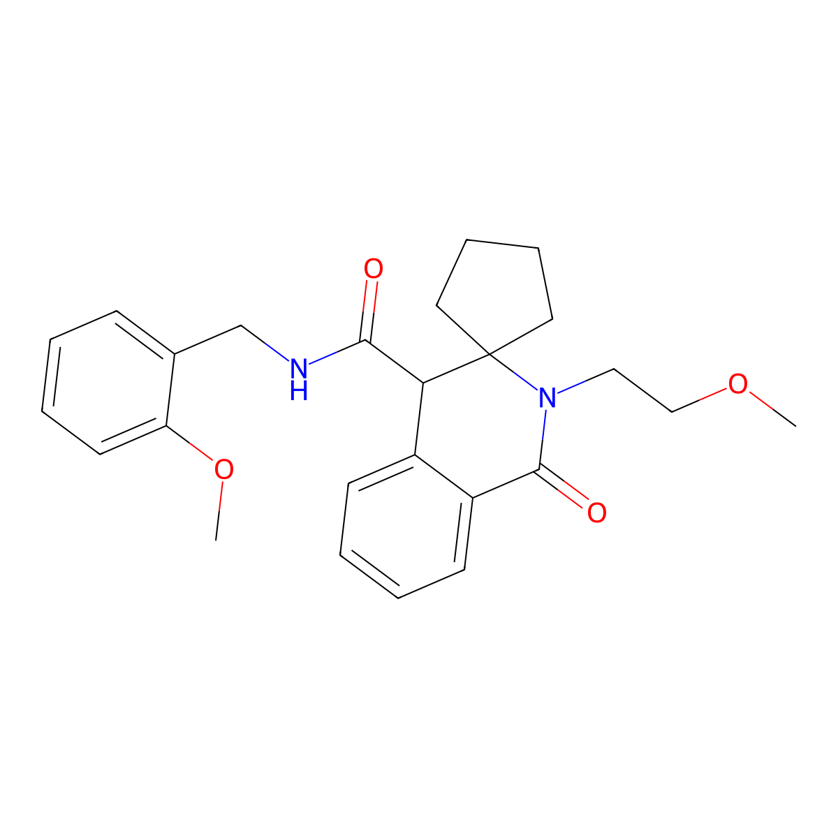 N-(2-methoxybenzyl)-2'-(2-methoxyethyl)-1'-oxo-1',4'-dihydro-2'H-spiro[cyclopentane-1,3'-isoquinoline]-4'-carboxamide molecular structure, CAS 1212463-56-3