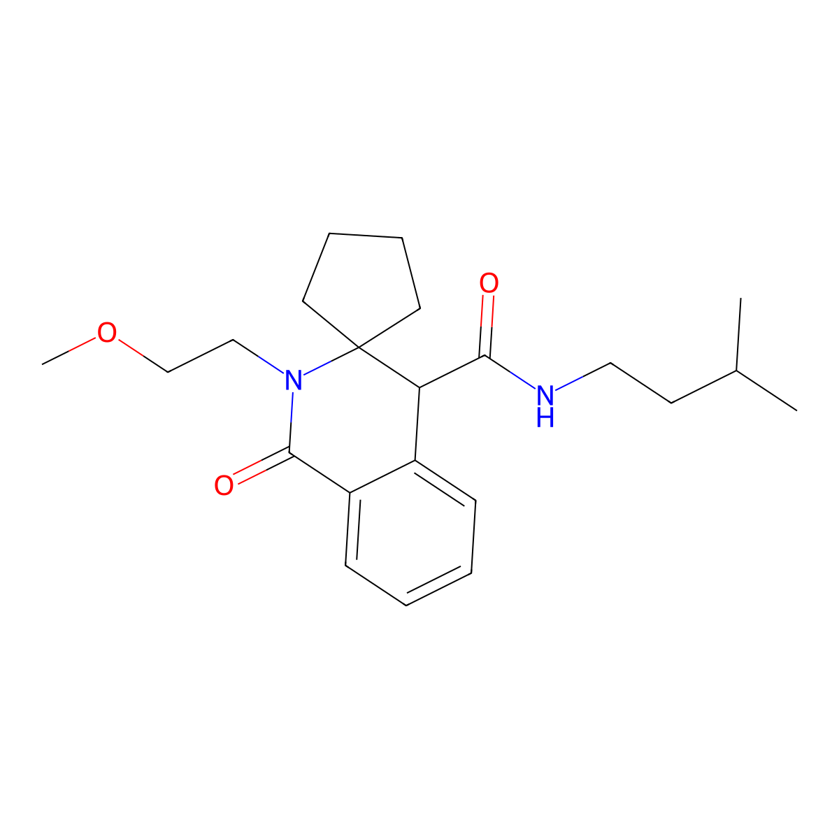 2'-(2-methoxyethyl)-N-(3-methylbutyl)-1'-oxo-1',4'-dihydro-2'H-spiro[cyclopentane-1,3'-isoquinoline]-4'-carboxamide molecular structure, CAS 1212468-38-6